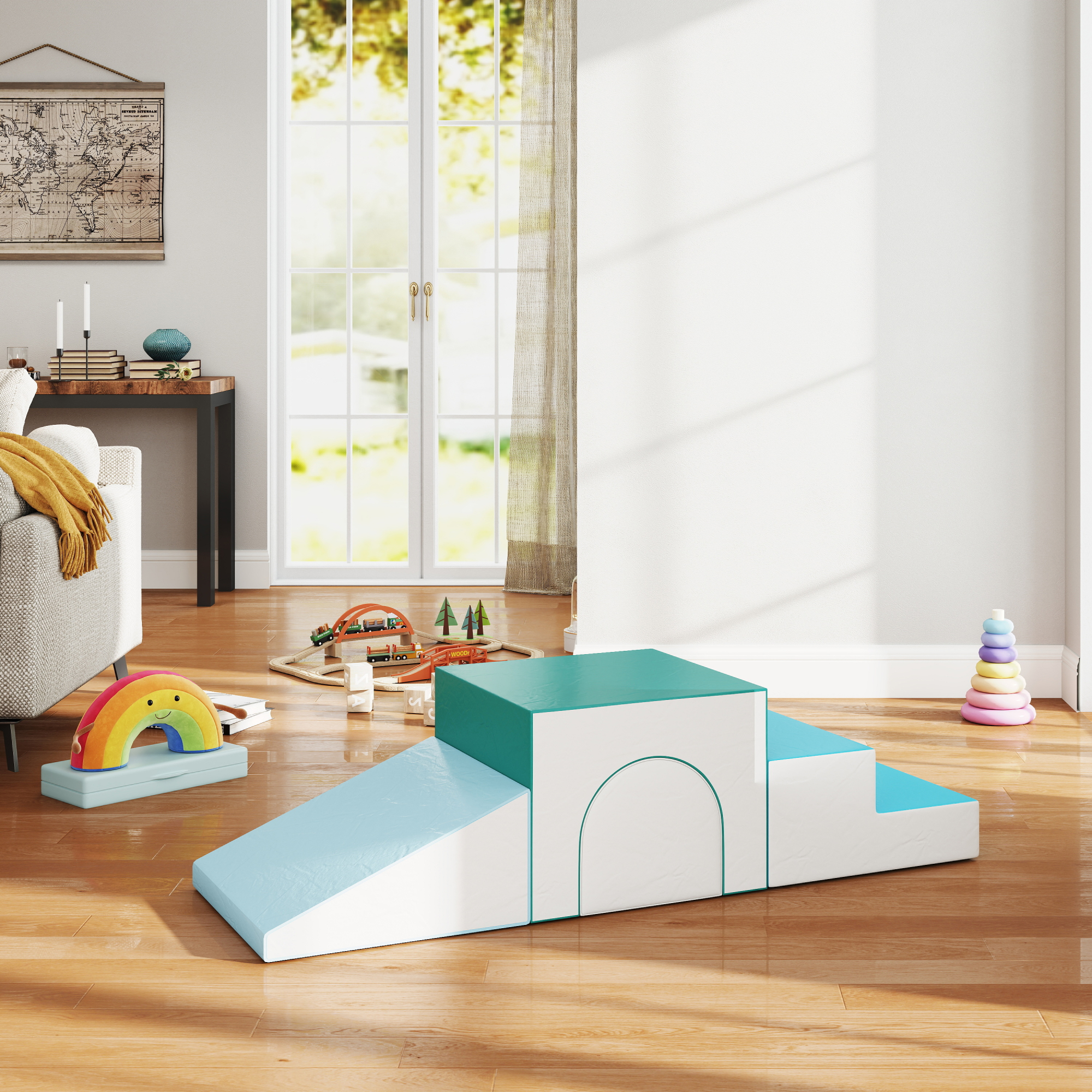 Bausteinset 4er-Set Schaumstoff Bausteine einfache Reinigung weiche Füllung Schaumstoffblöcke für 1-3 Jahre Kinder EPE Hellgrau+Blau+Grün 150 x 50 x 39 cm