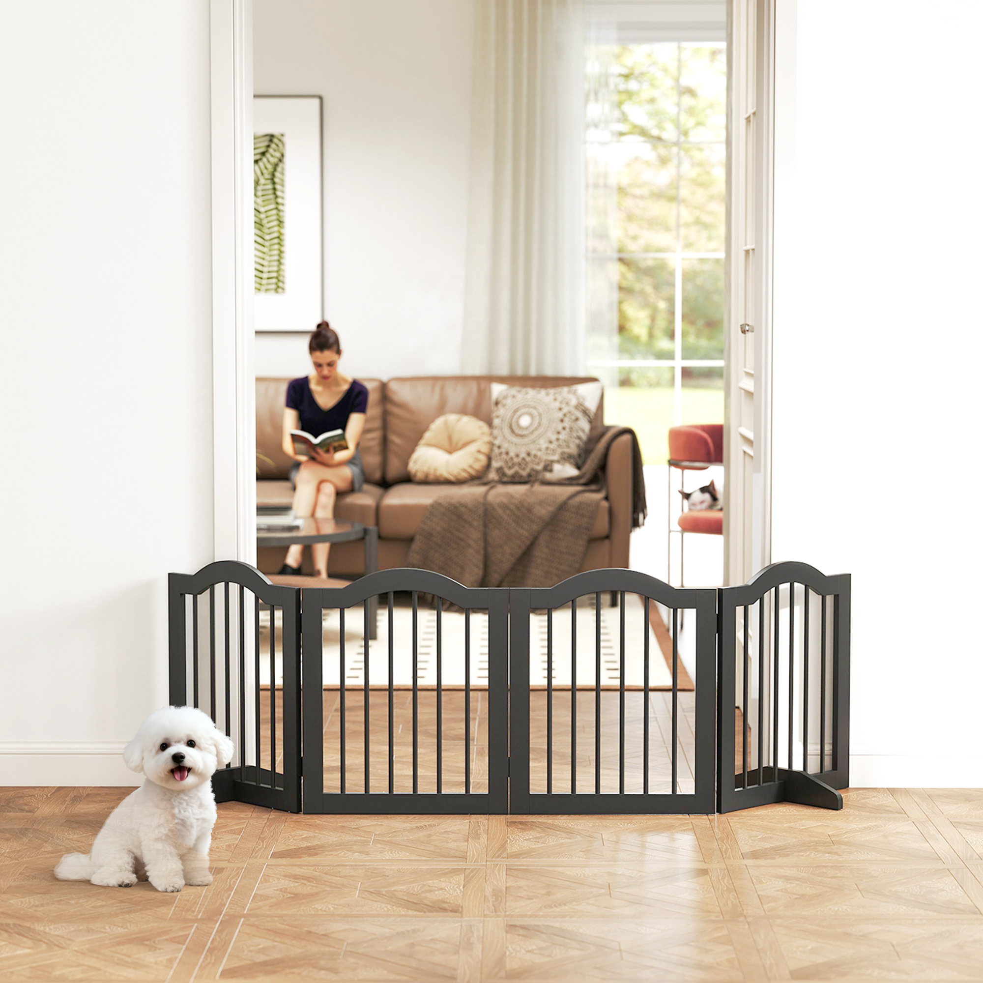 Absperrgitter Hund Freistehendes Schutzgitter mit Füßen, Klappbar Hundegitter, 4 Paneelen, 208 x 29,5 x 61 cm, Schwarz