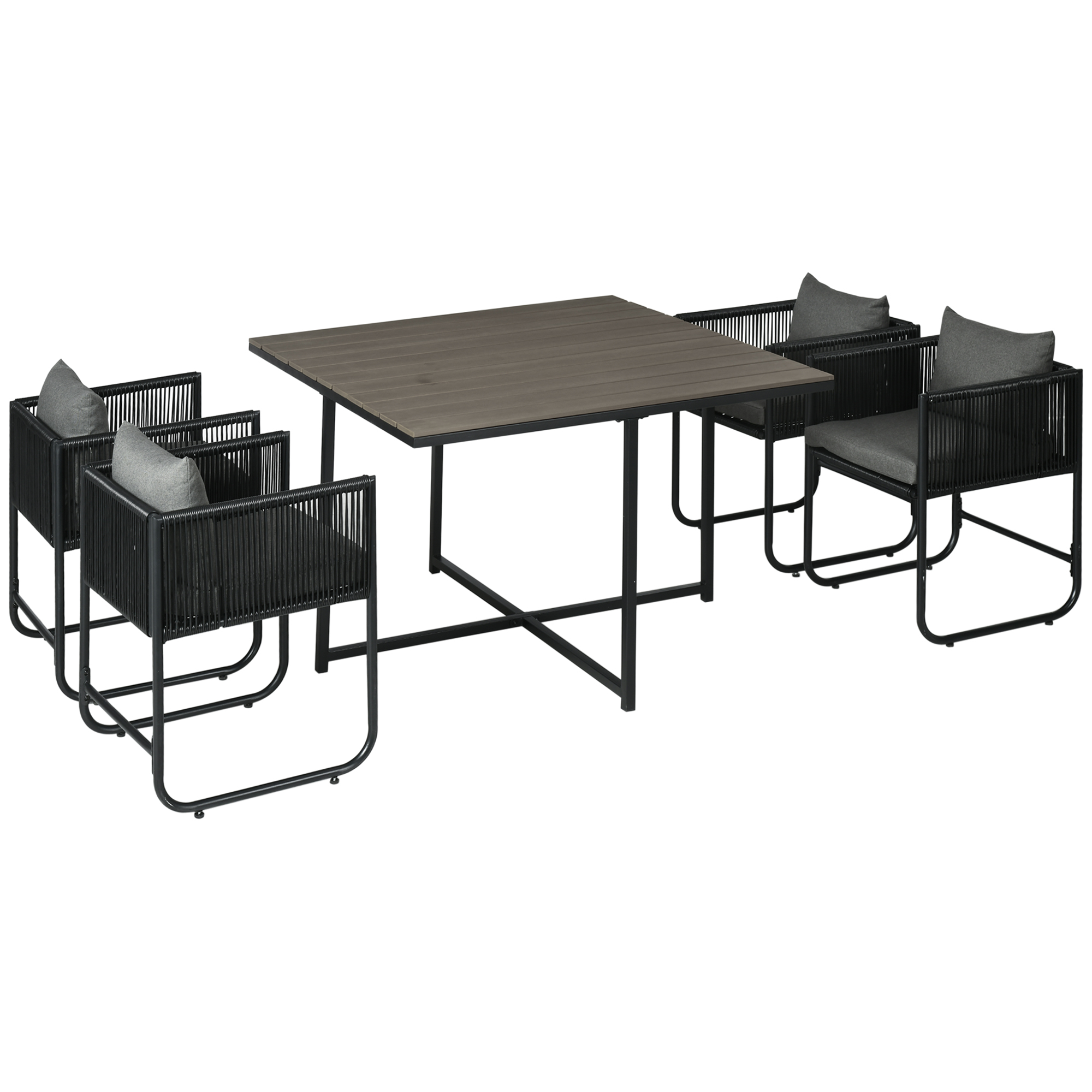Outdoor Essgruppe, Gartengarnitur, 5-teilig, Polyrattan, Sitzkissen, wetterfest, Schwarz/Grau