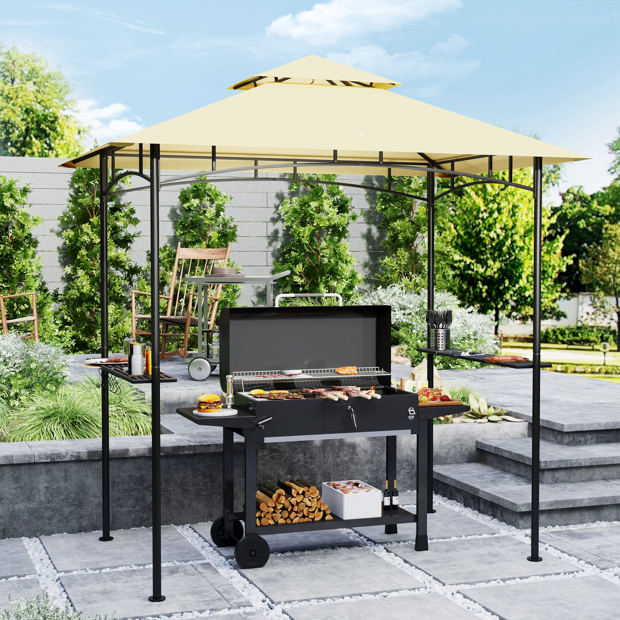 Grillpavillon mit LED 240 x 150 x 258 cm wasserabweisend flammhemmend Gartenpavillon mit Doppelschichtdach