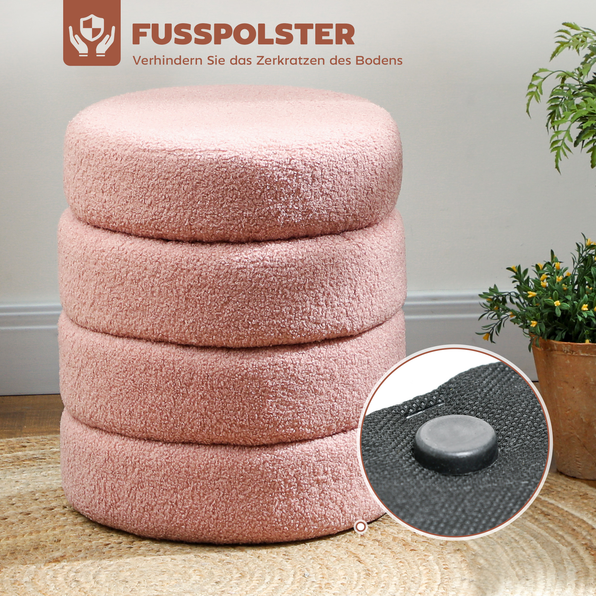 Hocker, rund, Teddyfleece, bis 120kg, Φ40x45H cm, Rosa