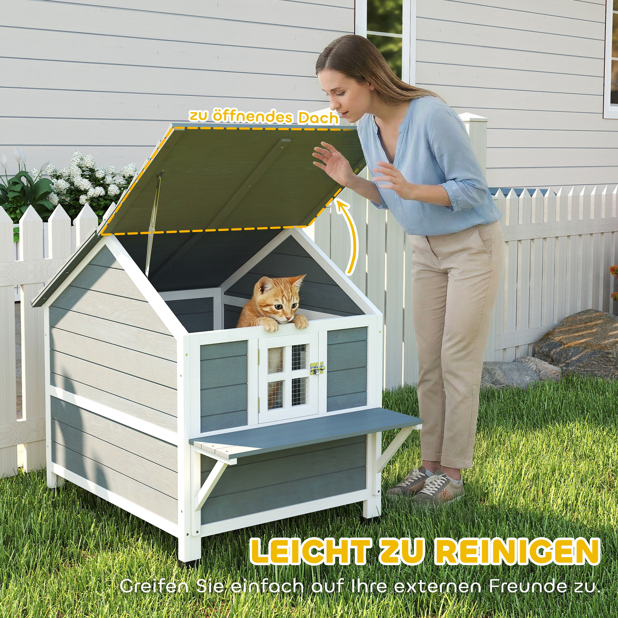 Katzenhaus aus Holz 2-Etagen Katzenhöhle mit wasserdicht aufklappbar Dach, seitlicher Plattform, 101x72,5x81cm, Grau