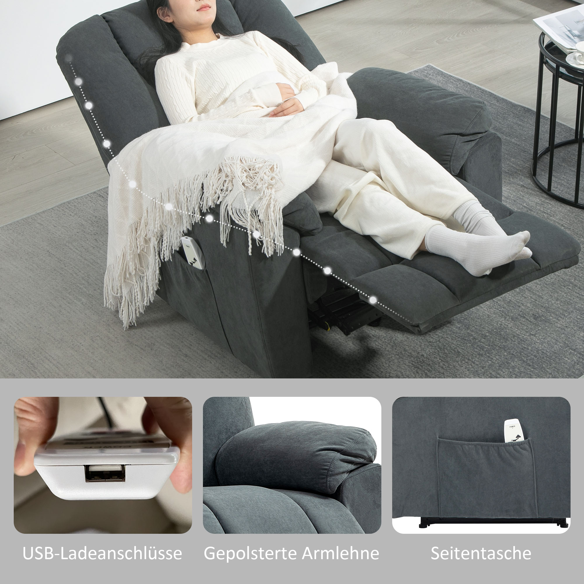 Relaxsessel mit Massage- und Wärme-Funktionen, Polstersessel mit USB-Anschluss, Seitentaschen, Grau