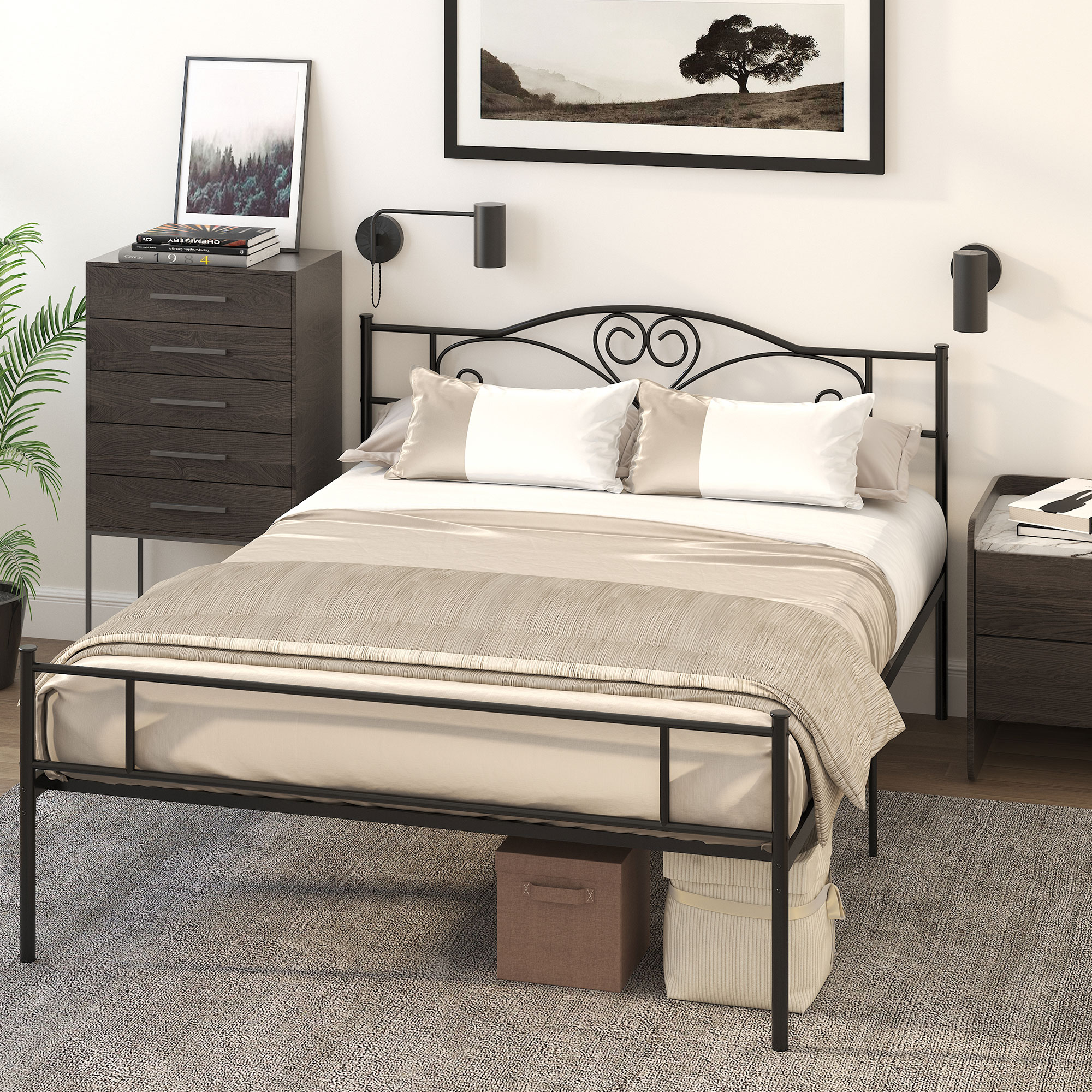 Bettgestell aus Metall mit Kopfteil, 300 kg Belastbarkeit, 145L x 211B x 106H cm, Schwarz