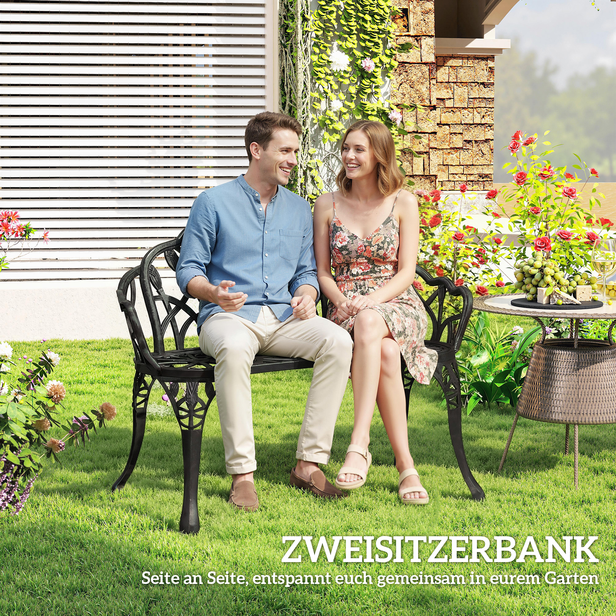 Gartenbank 2-Sitzer Gussaluminium wetterfest Outdoor Sitzbank mit Tulpen-Rückenlehne Blumenmotiv 99 x 57 x 78 cm