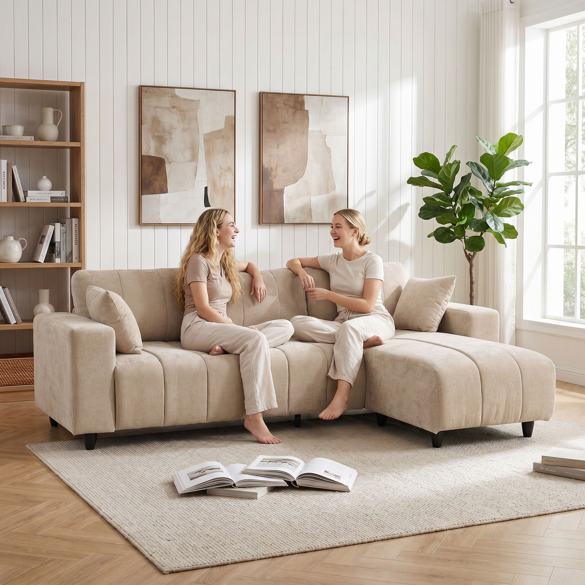 L-förmiges Ecksofa mit flexibler Chaiselongue, 3-Sitzer-Couch mit 2 Kissen, Metallrahmen, für Wohnzimmer, Beige