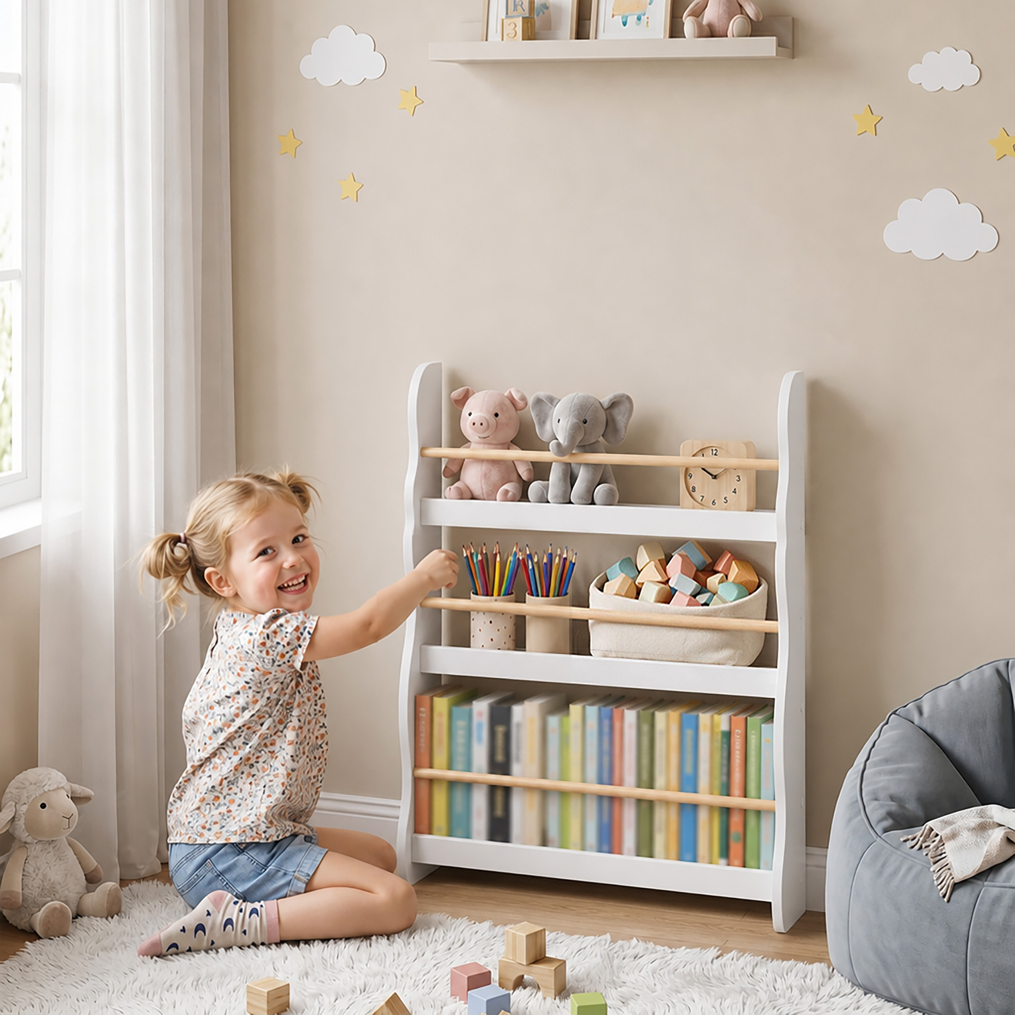 Bücherregal Kinder, Wandmontiert Kinderregal mit 3 Ebenen, Wandregal mit Kippschtz 60 x 15 x 73 cm Weiß