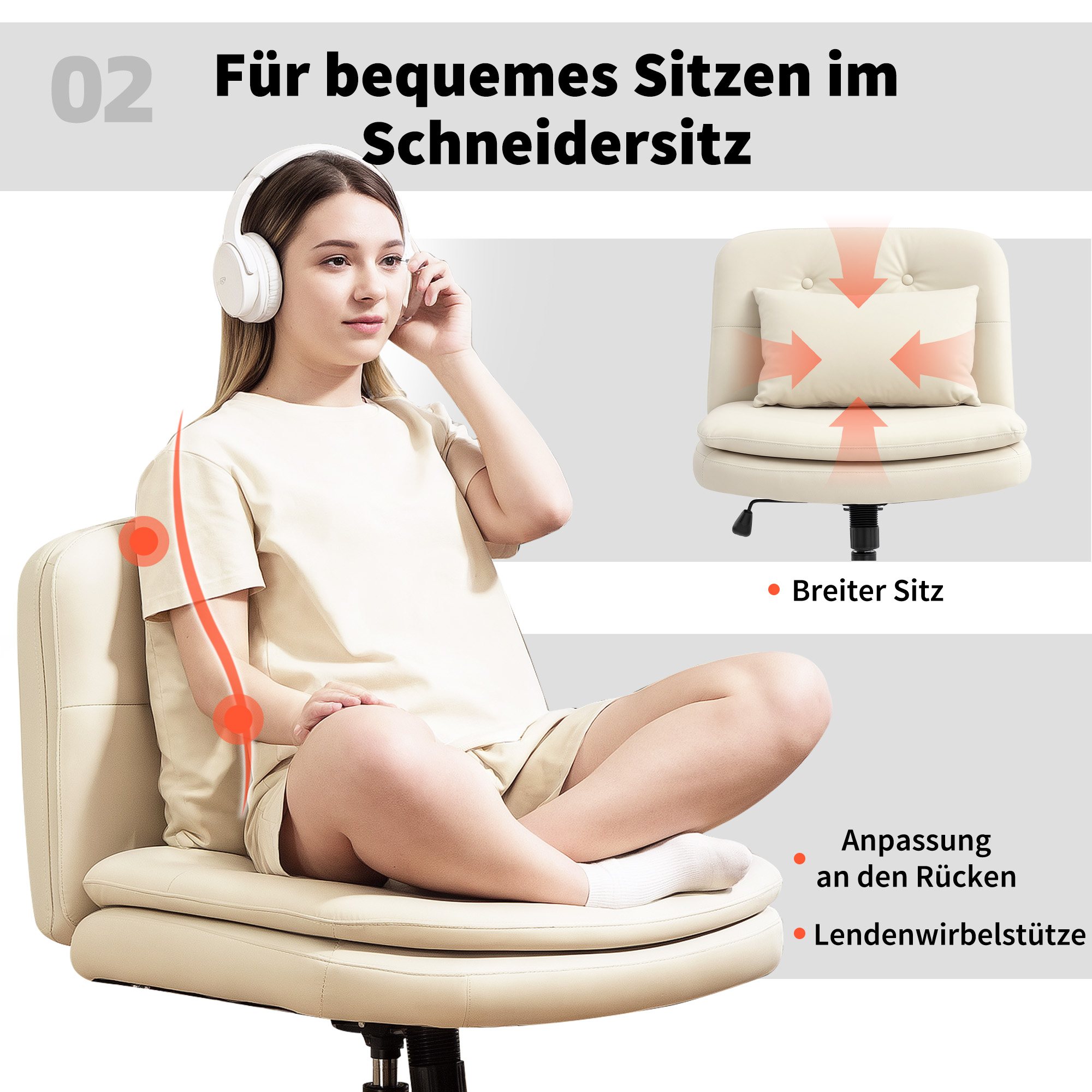 armloser Bürostuhl mit Kunstleder-Bezug, Schreibtischstuhl mit Rollen, Extra-Kissen, höhenverstellbar, rollbar, Beige