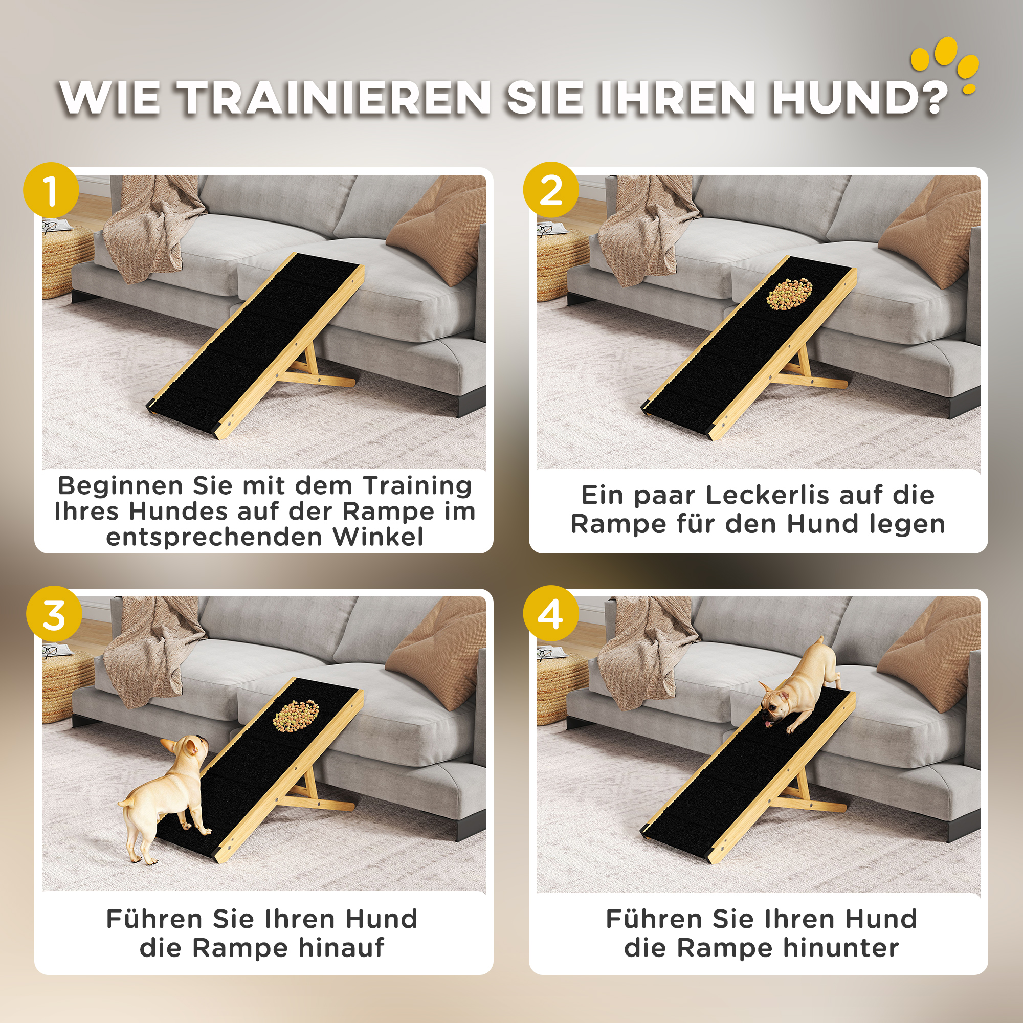 Haustierrampe, verstellbar, 4-stufig, rutschfest, Kiefernholz, faltbar, für Hunde bis 15 kg