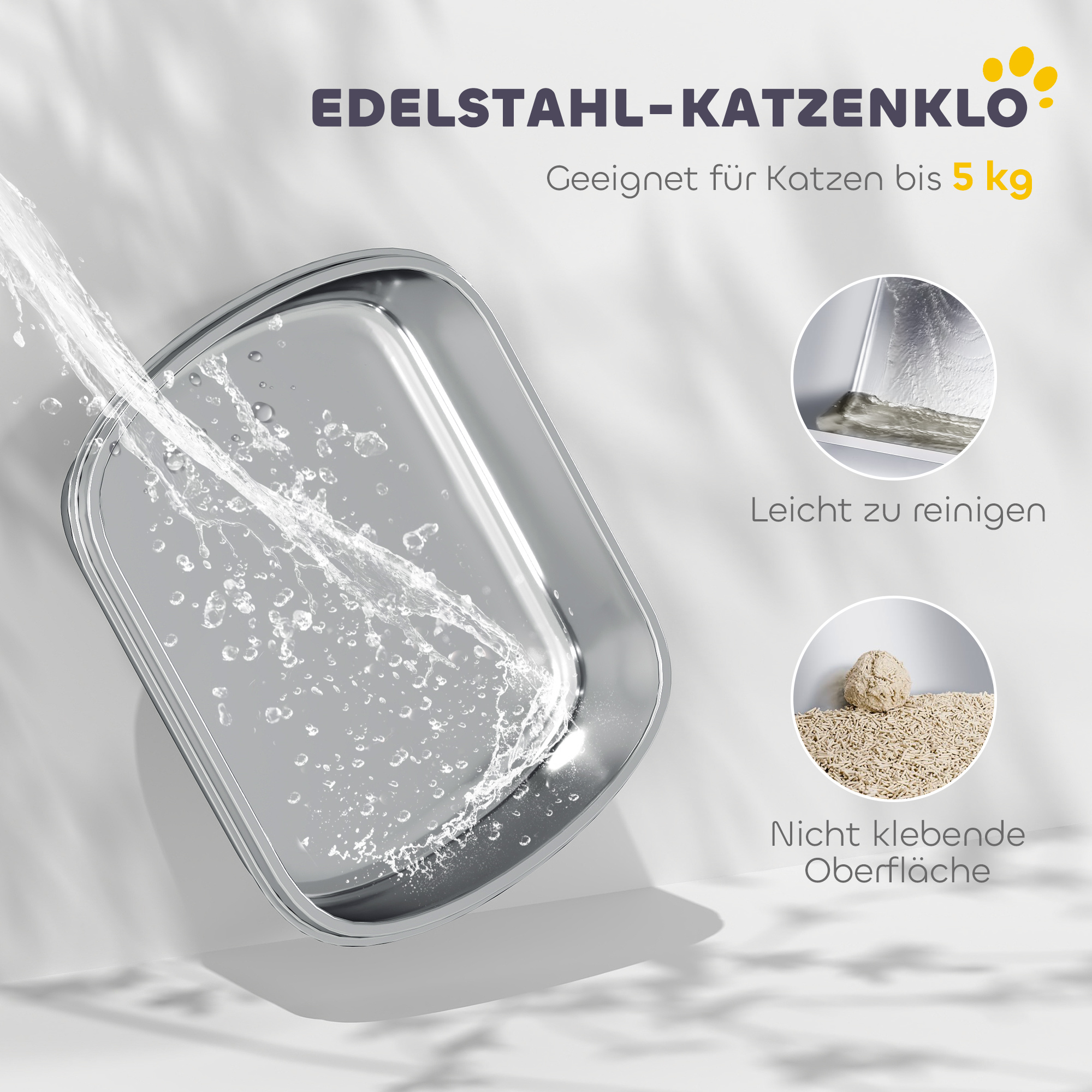 Katzentoilette Edelstahl, geschlossene Katzentoilette mit Schaufel, Geruchsbeutel, Einstieg Ausgang