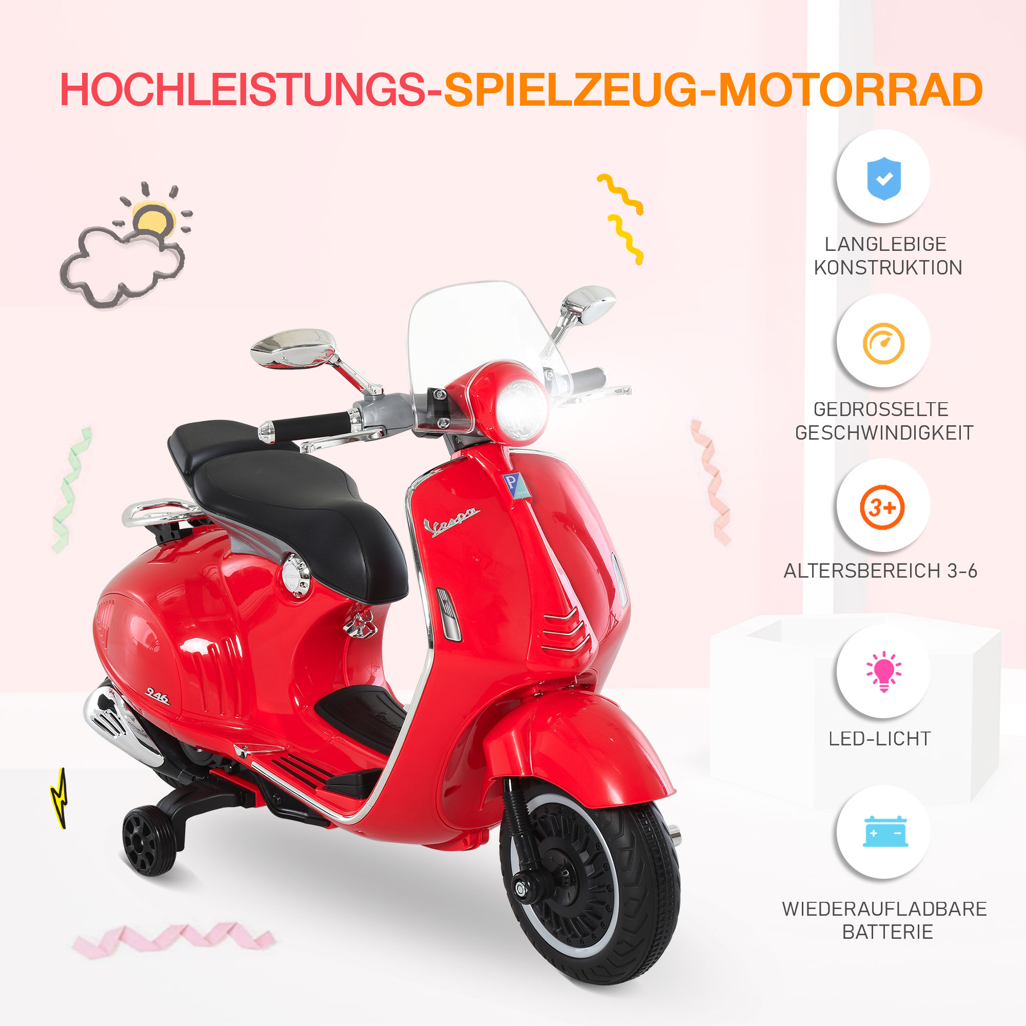Elektro Kindermotorrad Elektromotorrad mit MP3, Musik, Scheinwerfer, Vor- und Rückwärtsgang, Kinder Elektro Motorrad für 3-6 Jahre Kinder, Rot