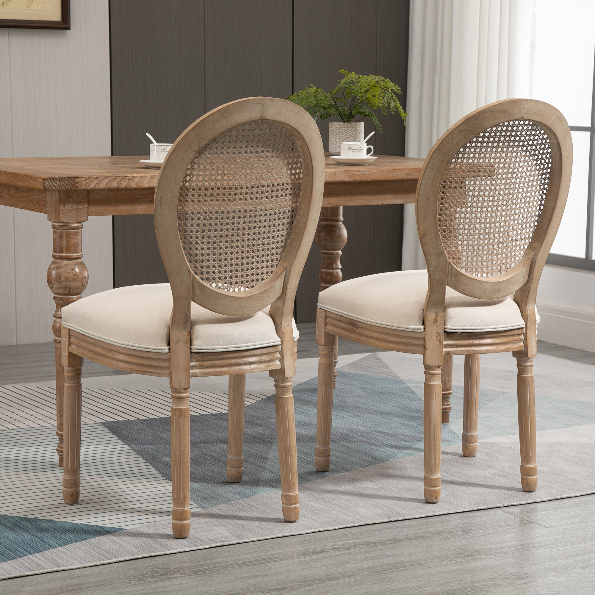 2er-Set Küchenstühle Polsterstühle Wienergeflecht, Massivholz, 49 cm x 56 cm x 96 cm, Cremeweiß +Natur