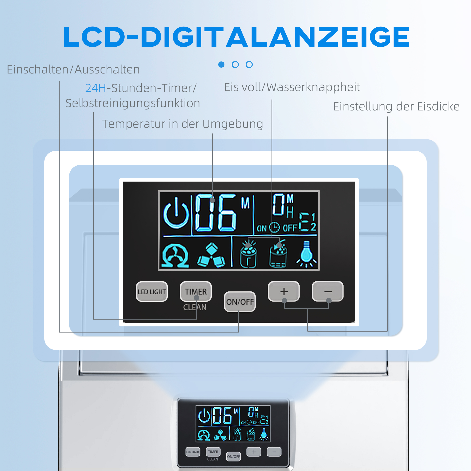 Kommerzielle Eiswürfelmaschine, LED-Beleuchtung, leicht lesbare Anzeigen, mit Schaufel, Silber