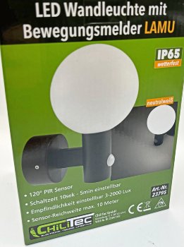 LED Wandleuchte "LAMU" mit PIR-Sensor / IP65, 15W, schwarz, 4000k / neutralweiß