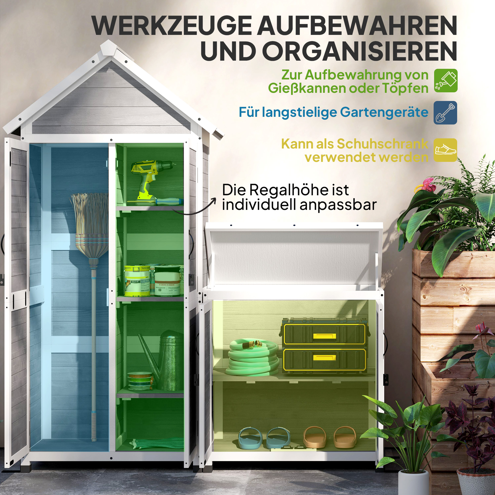 Gartenschuppen mit Aufbewahrungsschrank, anpassbare Regale, verschließbare Türen, wasserfest, Fichtenholz, Hellgrau