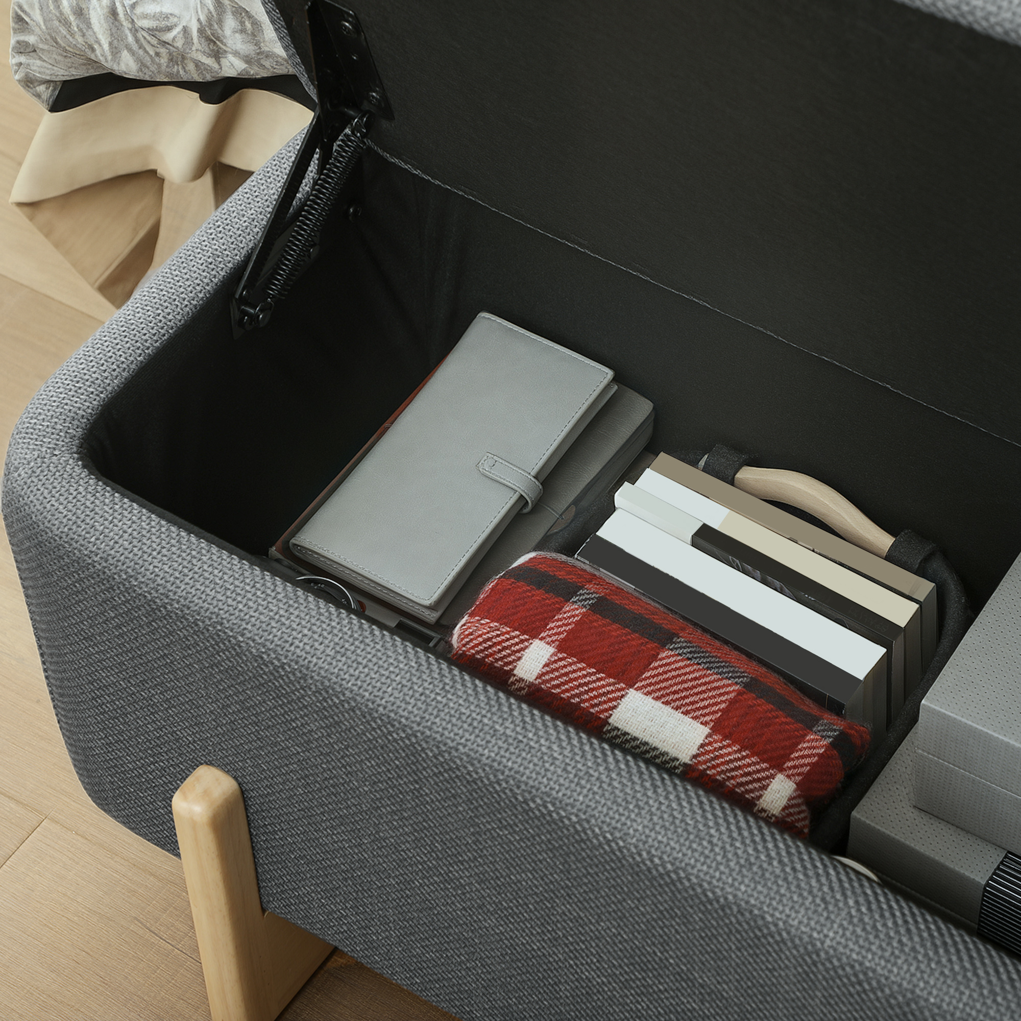 Hocker mit Stauraum, Sitzbank mit Schaumstoffpolsterung, Leinenimitat, 111 x 44 x 44,5 cm, Dunkelgrau