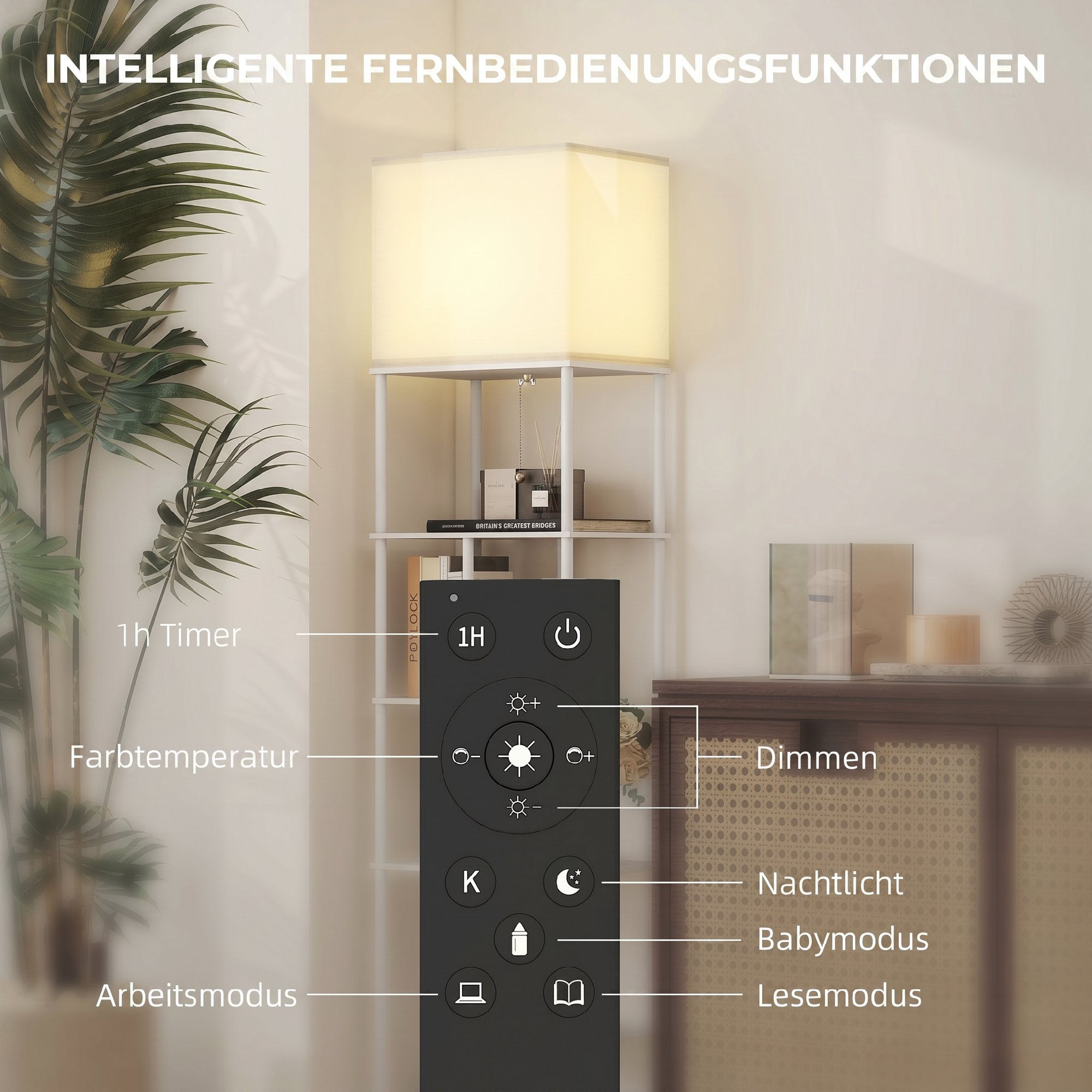Stehlampe Stehleuchte mit Regalen, einstellbare Helligkeit & Farbtemperatur für Schlafzimmer, Büro, Wohnzimmer, Weiß