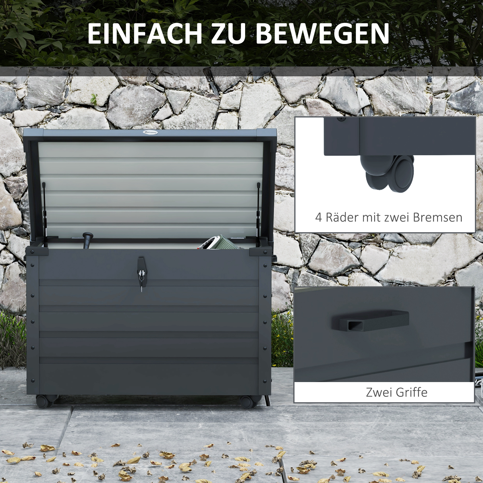 Outdoor Aufbewahrungsbox Gartenbox Kissenbox, wetterbeständig, 4 Rollen, 100 cm x 62 cm x 65 cm, Dunkelgrau