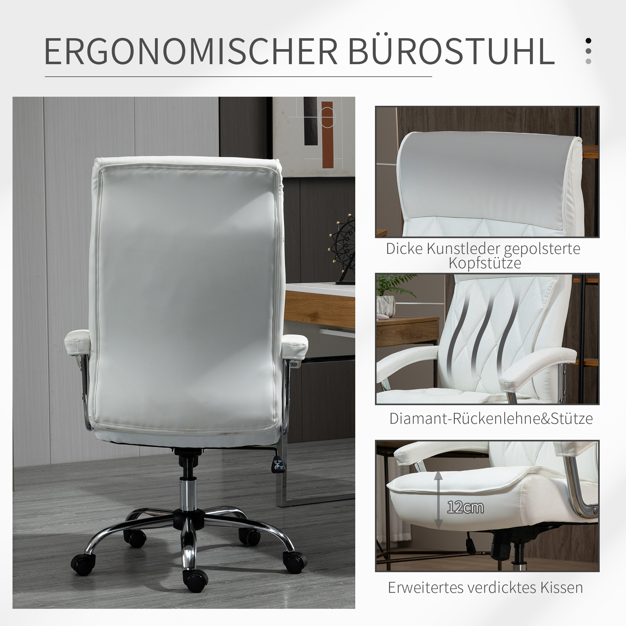 Bürostuhl, ergonomischer Schreibtischstuhl, höhenverstellbarer Drehstuhl mit Wippfunktion, Rautenmuster, Kunstleder, gepolsterter Chefsessel, Weiß