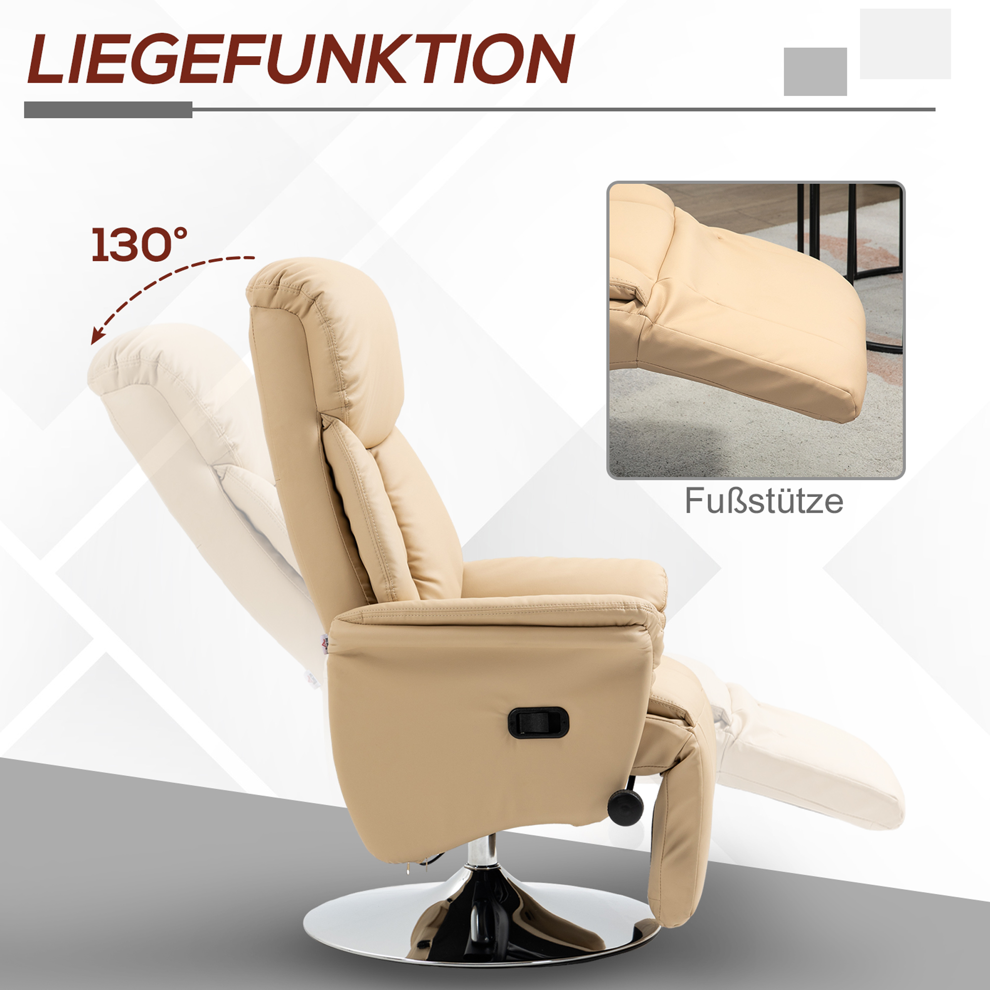 Relaxsessel, Liegefunktion, Lederoptik, Fußstütze, bis 150 kg, 78 x 80 x 109 cm, Beige