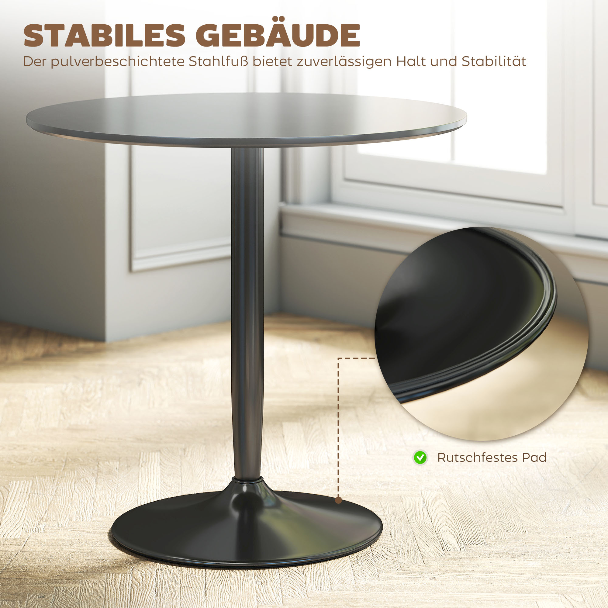 Esstisch für 2 Personen, runde Tischplatte Ø80 cm, MDF und Stahl, rutschfest, Schwarz, 75H cm