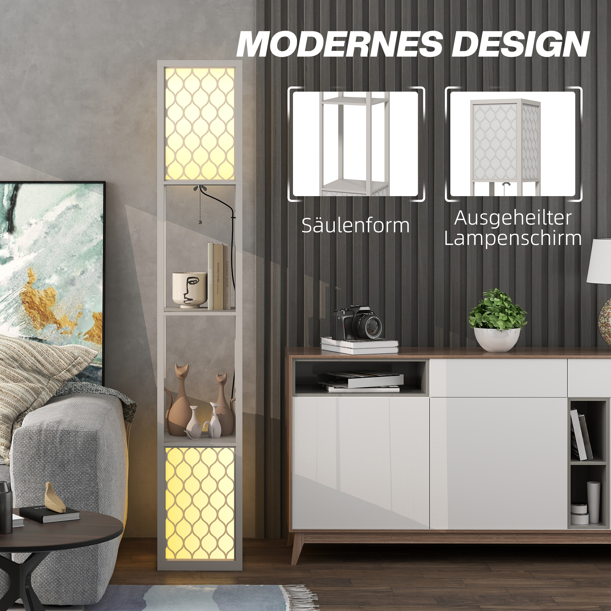 Stehleuchte im modernen Design, 2 Ablagen, Ziehkettenschalter, 26 cm x 26 cm x 156 cm, Schwarz + Weiß