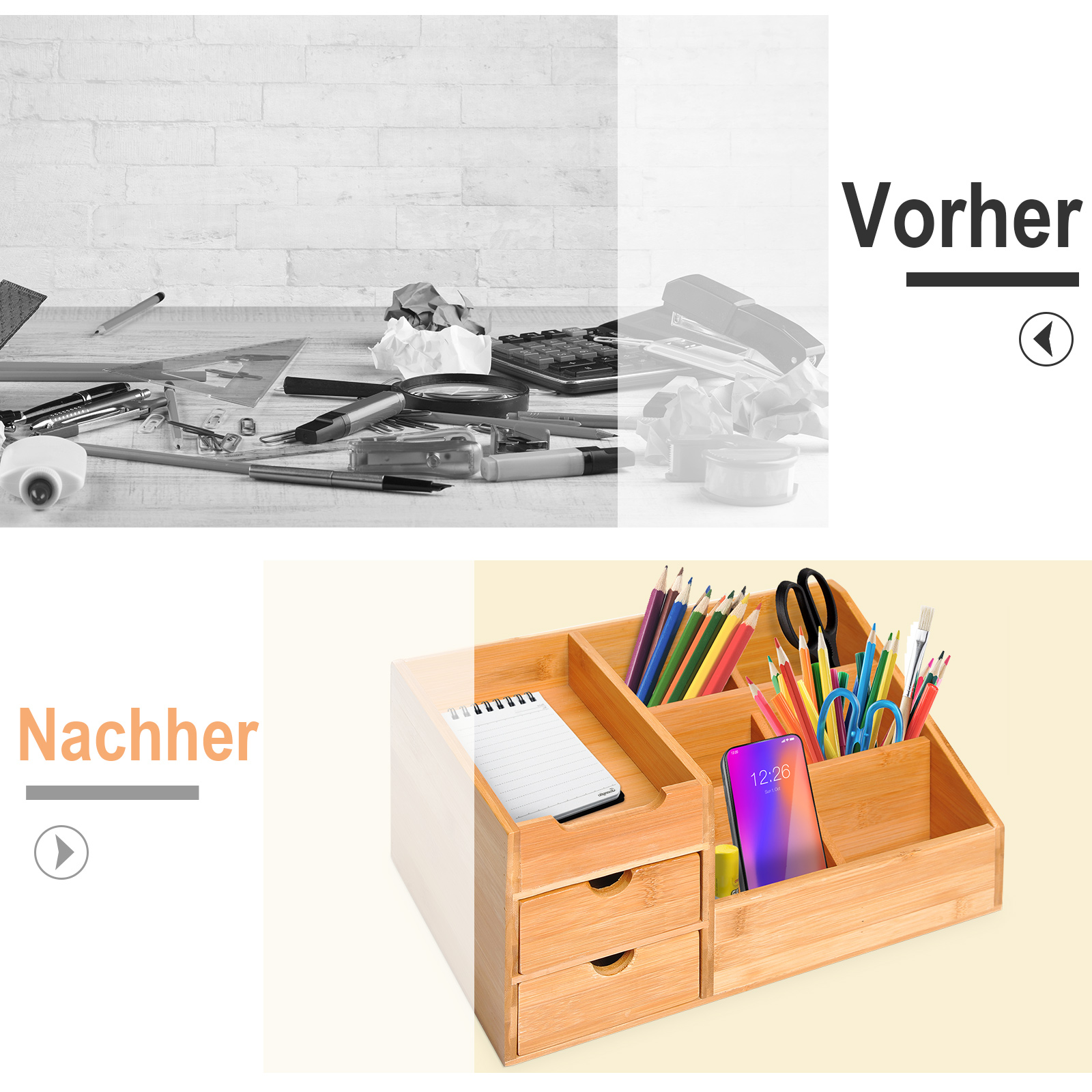 Schreibtischorganizer Aufbewahrungsbox Büro Box Organisation 2 Schubladen Natur L33 x B20,5 x H15,5 cm