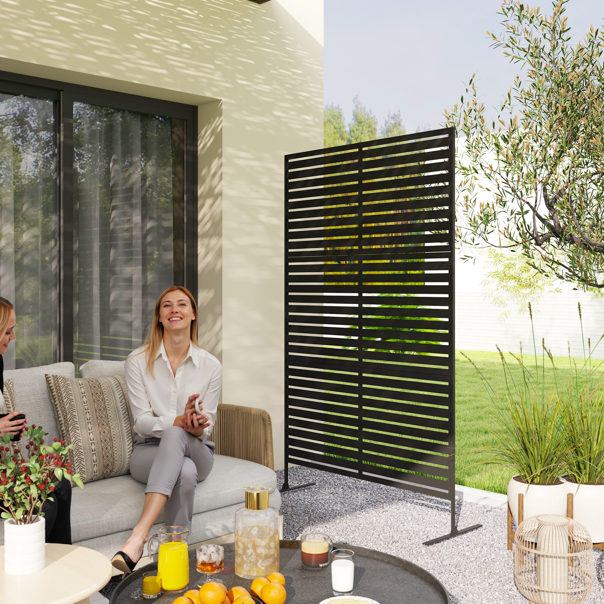 Outdoor-Raumtrenner aus Metall, Lamellendesign, Dekorativer Raumteiler für Terrasse, Garten, Balkon, Schwarz
