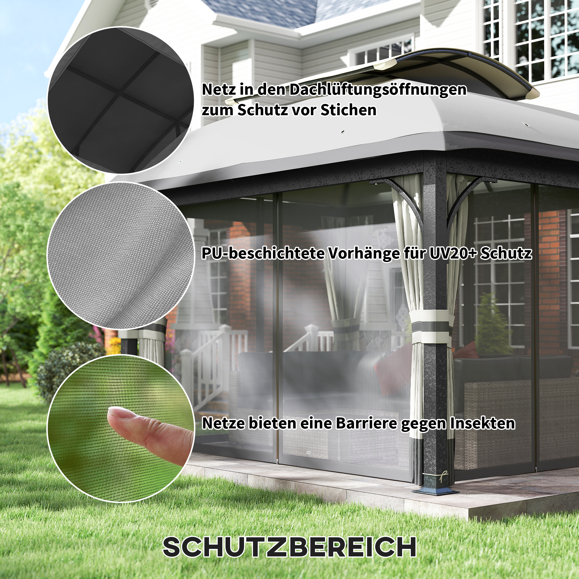 Gartenpavillon, 3,3 x 4 m Gartenzelt mit Netz-Vorhängen, zweistufiges Dach, Kunstleder-Bezug, Metallrahmen, Hellgrau