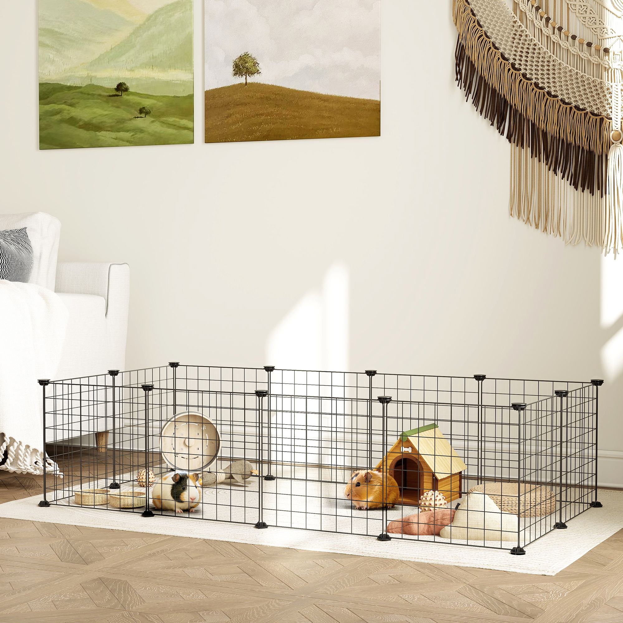 Freigehege, Freilaufgehege, Laufstall mit Metallgitter, flexibel kleintiergehege für kleintiere, umformbar Gehege für innen und außen, 106 x 73 x 36 cm, schwarz