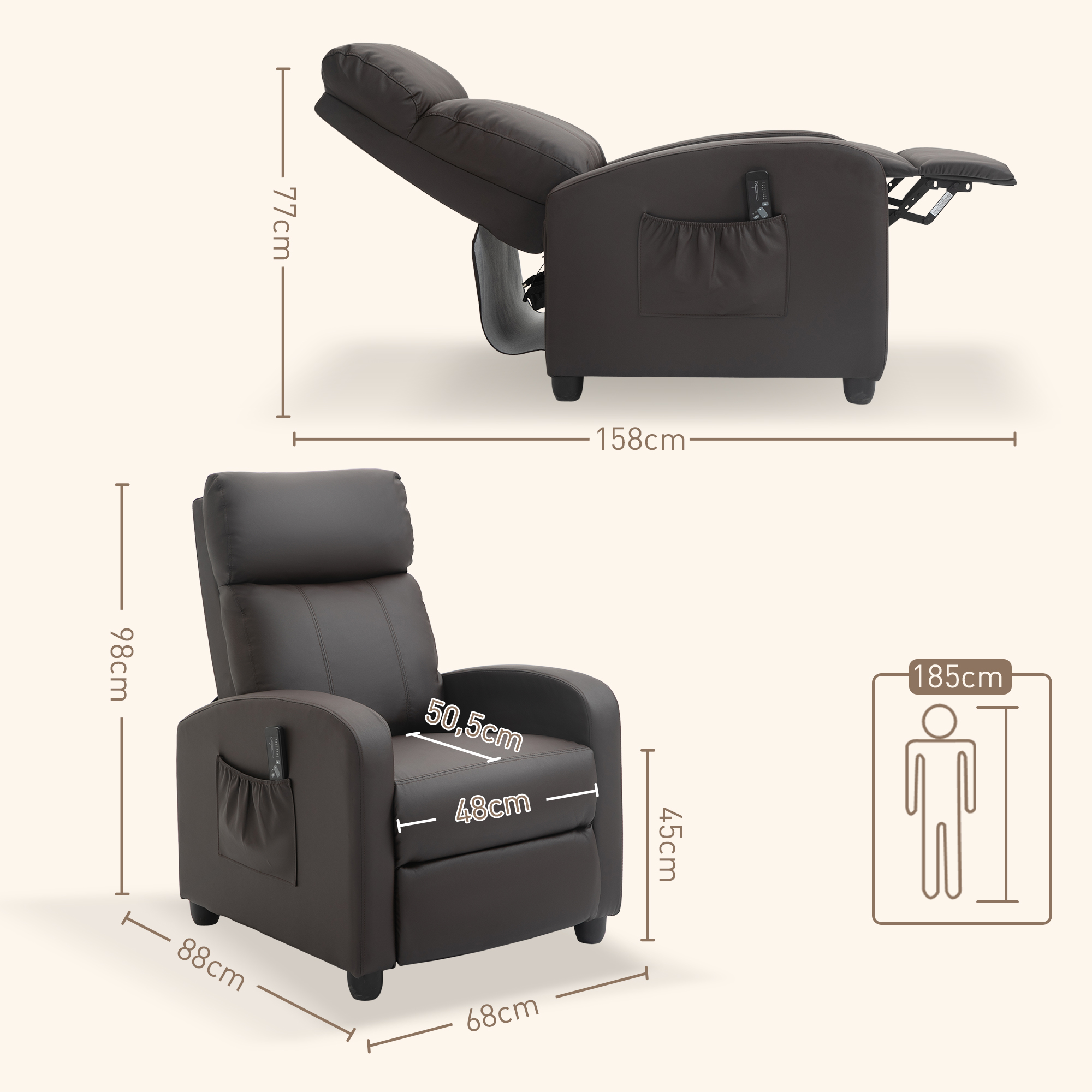 Relaxsessel Fernsehsessel mit Vibrationsmassage, Liegefunktion, 2 Massagepunkte, Fernbedienung, 68 x 88 x 98 cm Braun