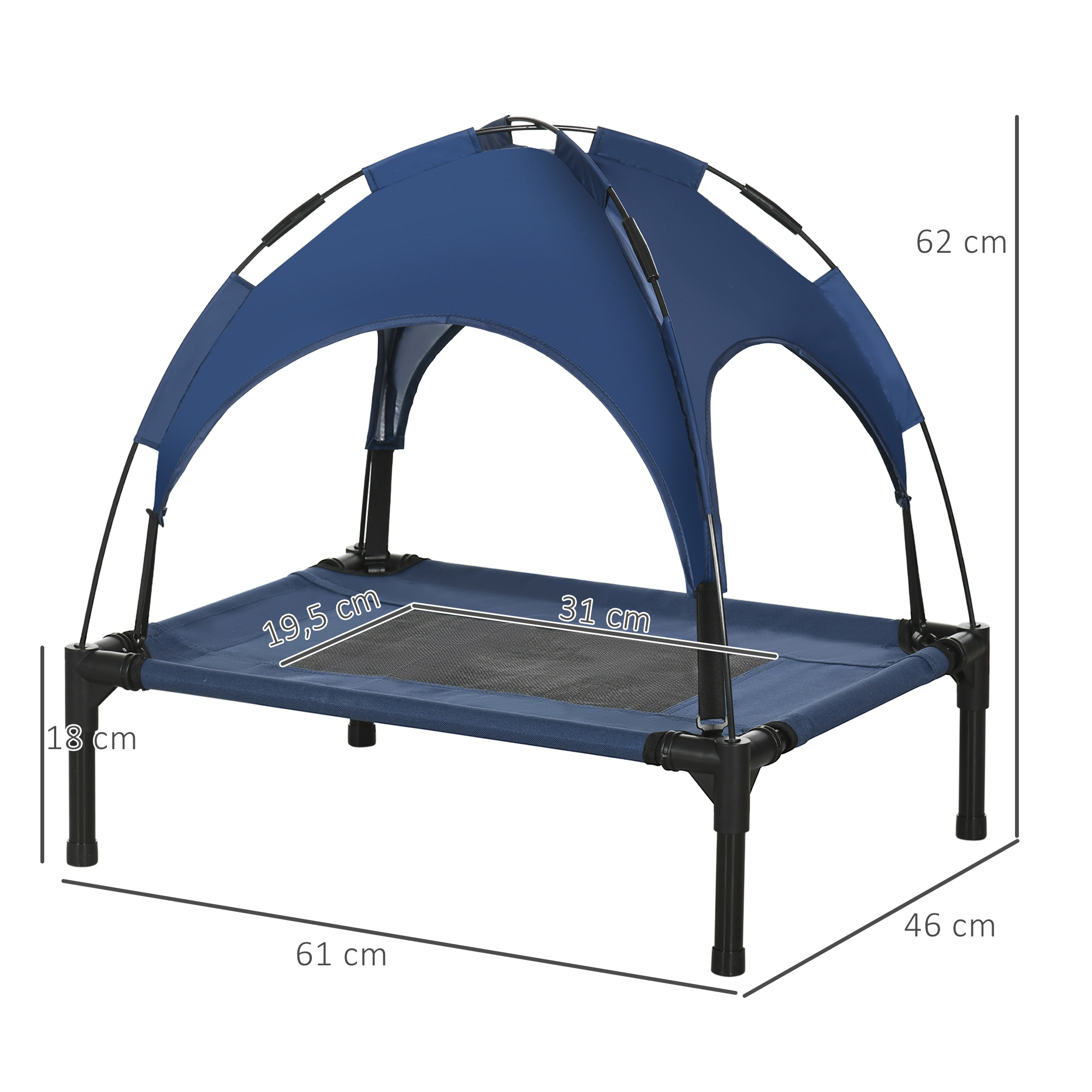 Haustierbett Outdoor-Hundebett, wetterbeständig, mit Baldachin, 61cm x 46 cm x 62 cm, Blau + Schwarz