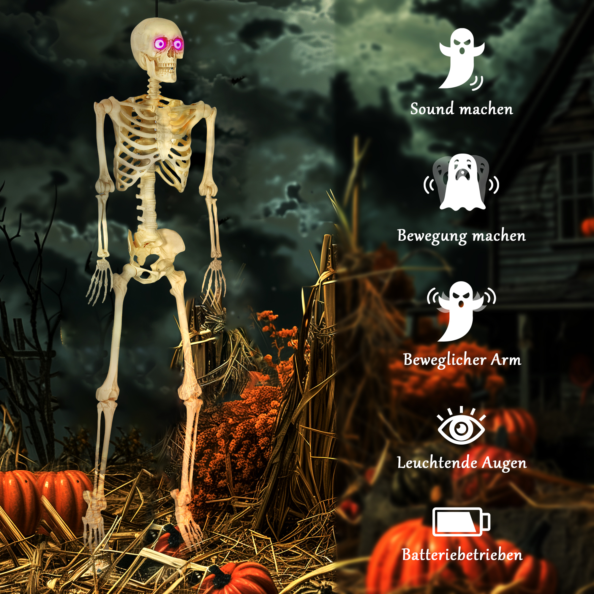 Skelett-Figur, Halloween-Dekoration, bewegliche Arme und Beine, Geräusch-Aktivierung, leuchtende Augen, Batteriebetrieb, 152 cm, Metall, Kunststoff, Gelb Skelett-Figur, Halloween-Dekoration, bewegliche Arme und Beine, Geräusch-Aktivierung, leuchtende Augen, Batteriebetrieb, 152 cm, Metall, Kunststoff, Gelb