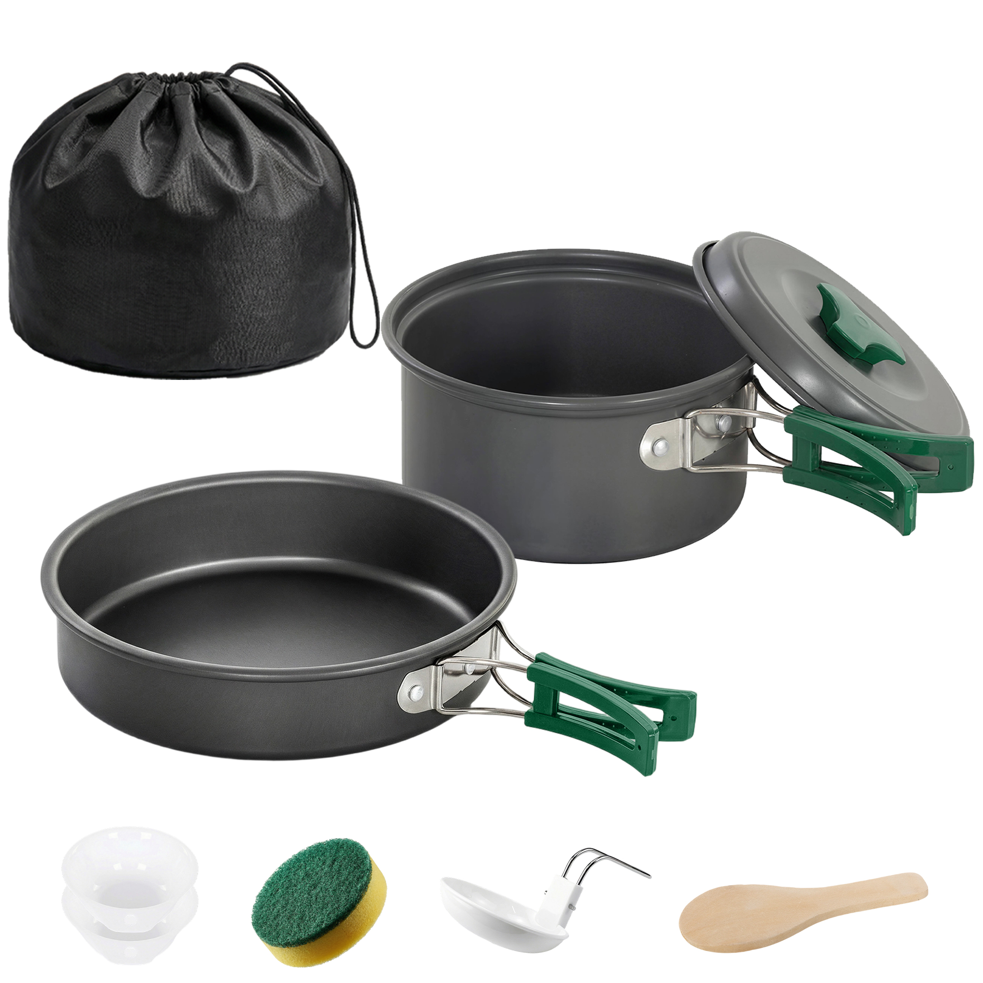 Camping Kochgeschirr Set 8-teiliges Outdoor Geschirr Set mit Anti-Verbrühungsgriffen schnell erhitzend Topf Pfanne Grau