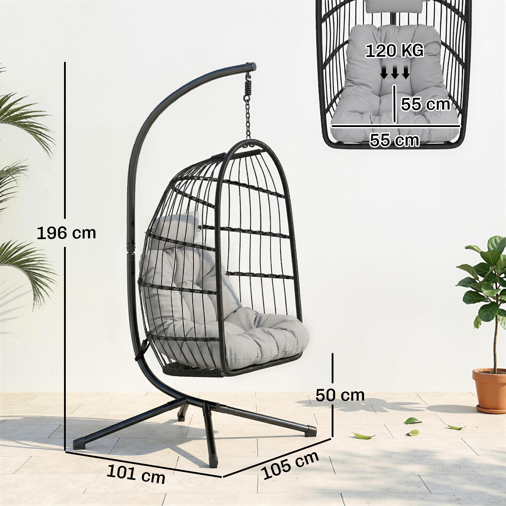 Hängesessel mit Gestell faltbar Polyrattan Hängekorb mit Kissen Sicherheitsgurt Kopfstütze Bänder, höhenverstellbar