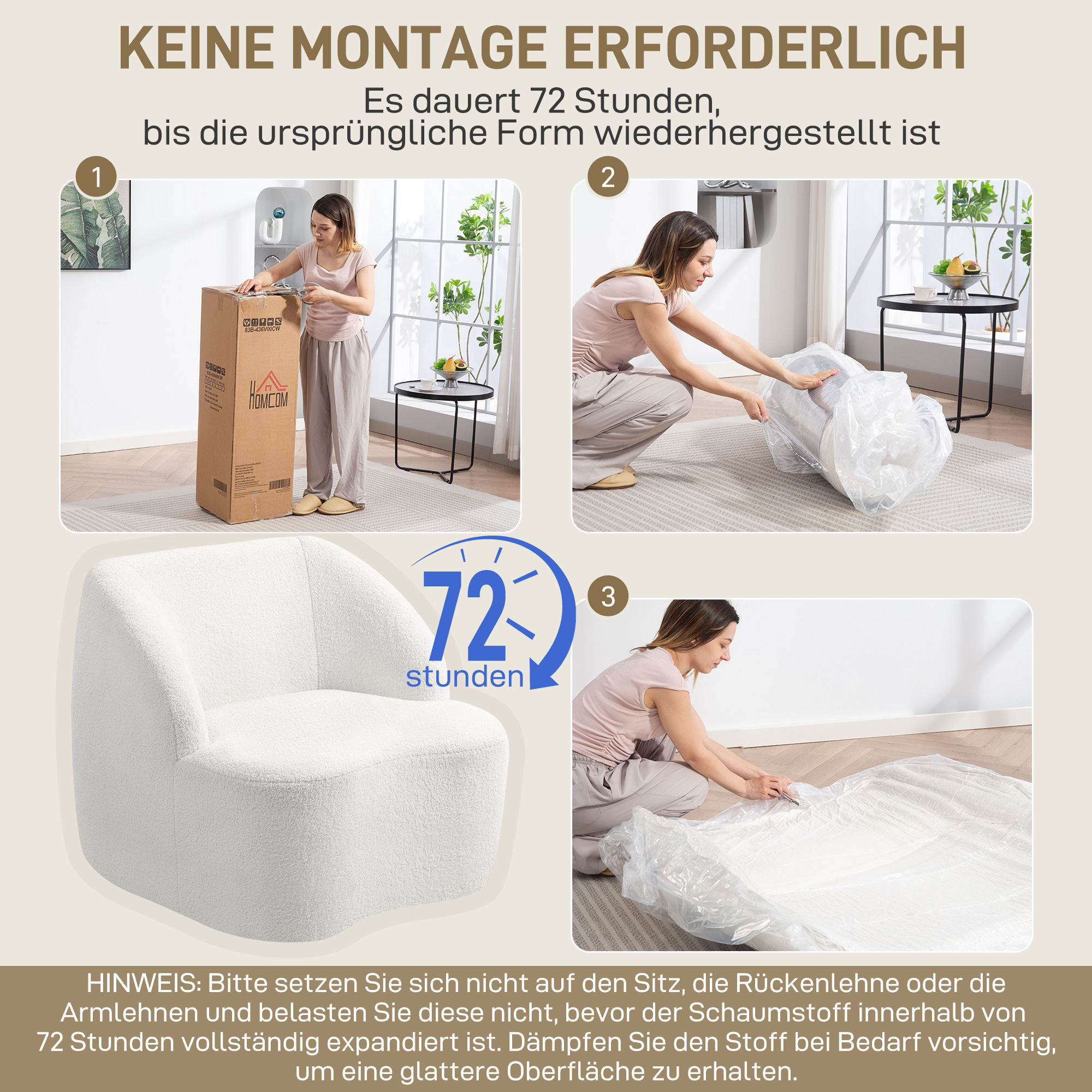 moderner Sessel mit Fleece-Polsterung, kuscheliger Polstersessel für Wohnzimmer, Schlafzimmer, Homeoffice, Cremeweiß