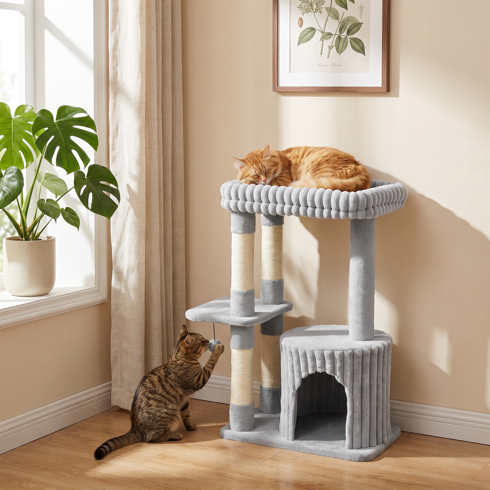 Katzenbaum, 93 cm 3 stufiger Kratzbaum mit Sisal-Kratzstämmen, Kuschelhöhle, großer Liegefläche, Plattform, bis 6 kg