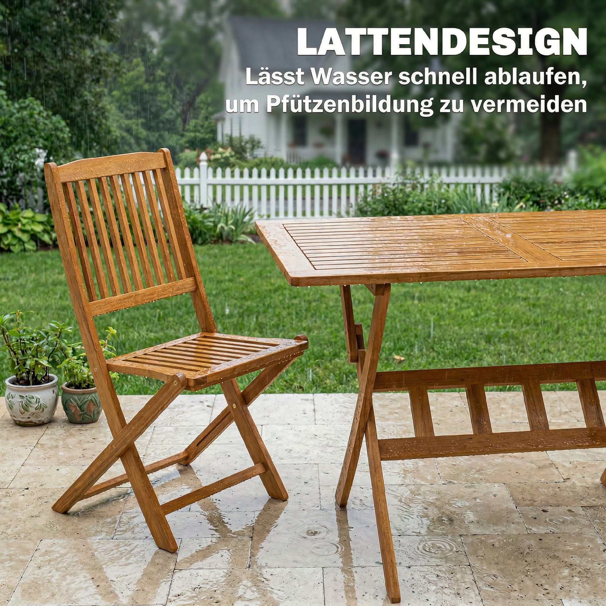 Gartenmöbel Set FSC Holz Sitzgruppe 5-teilig Klappbar Tisch mit 4 Klappstühlen Lamellendesign