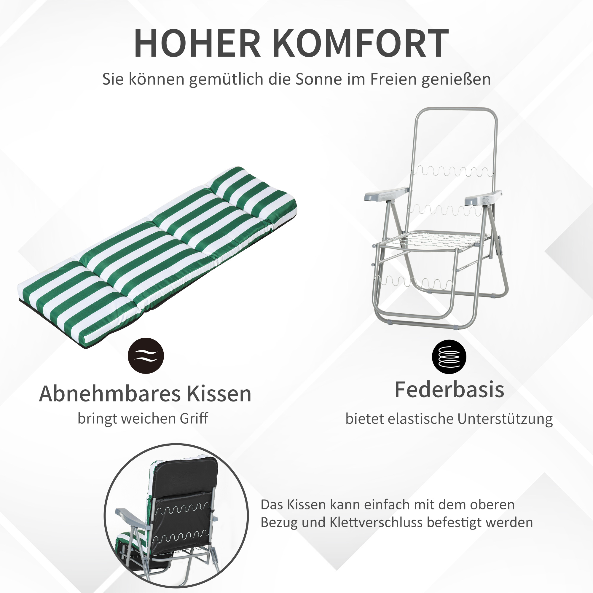 Gartenliegen 2er-Set klappbar mit Auflagen 60 x 75 x 102 cm Stahl Grün+WeiB