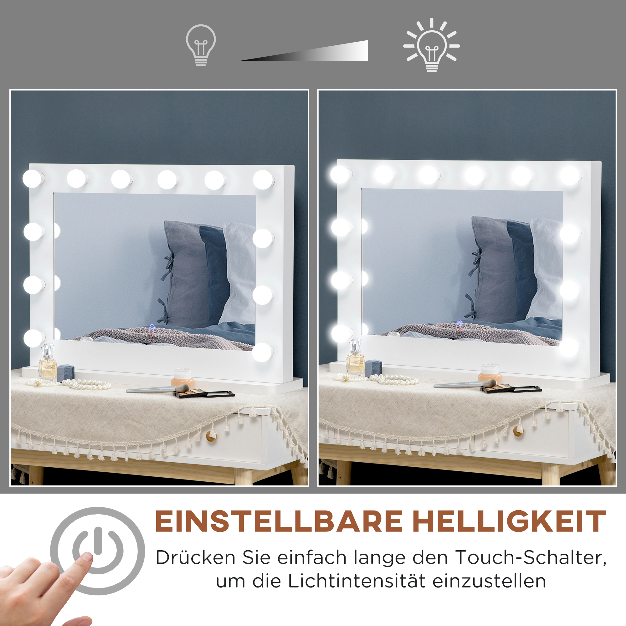 Hollywood Spiegel mit Beleuchtung, Touch-Steuerung, Memory-Funktion, 12 dimmbare LED-Lampen, weiß, 80 x 60 cm