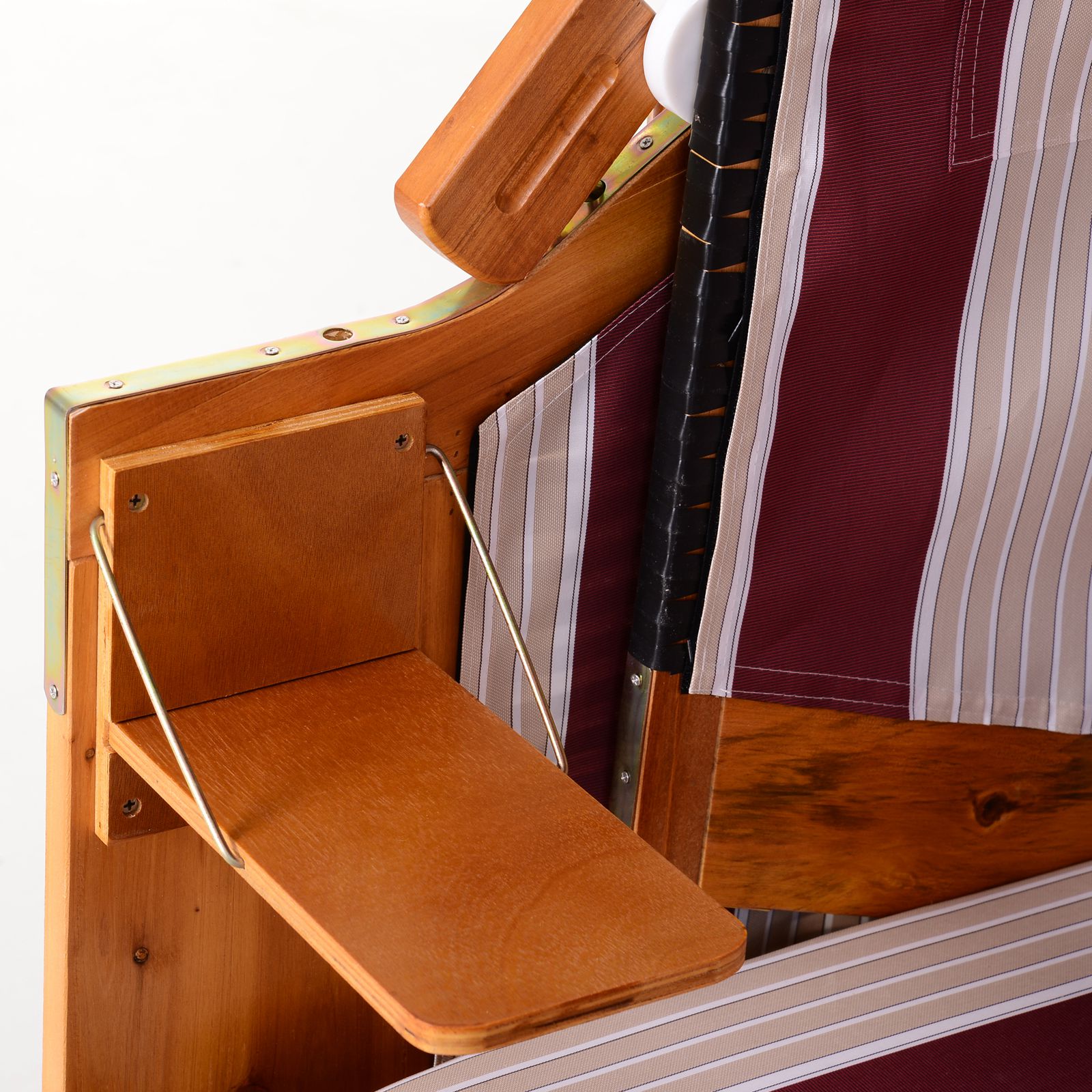 Strandkorb Ostsee Volllieger 2-Sitzer Strandkörbe aus Tannenholz, 5-stufige verstellbare Rückenlehne, Strandkorb mit Fußbänkchen Seitentische, PE Geflecht, Strandstuhl für Balkon, Rot+Weiß