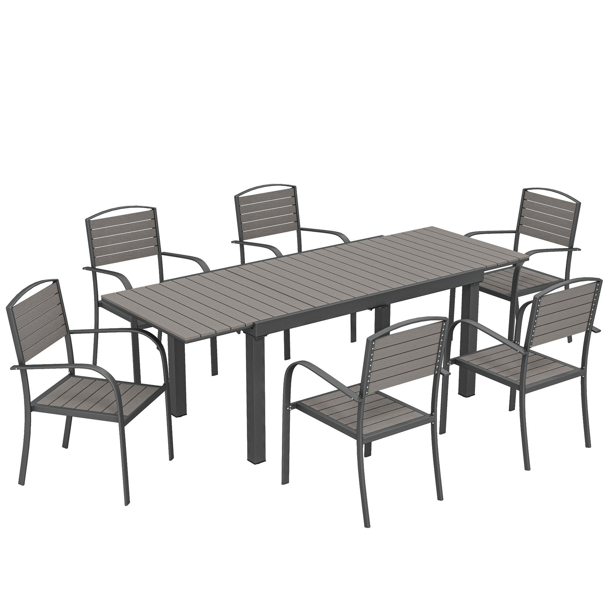Gartenmöbel Set Sitzgruppe 7-teilig Ausziehbar Tisch mit 6 Stühlen Holzoptik Lamelldesign Aluminiumrahmen