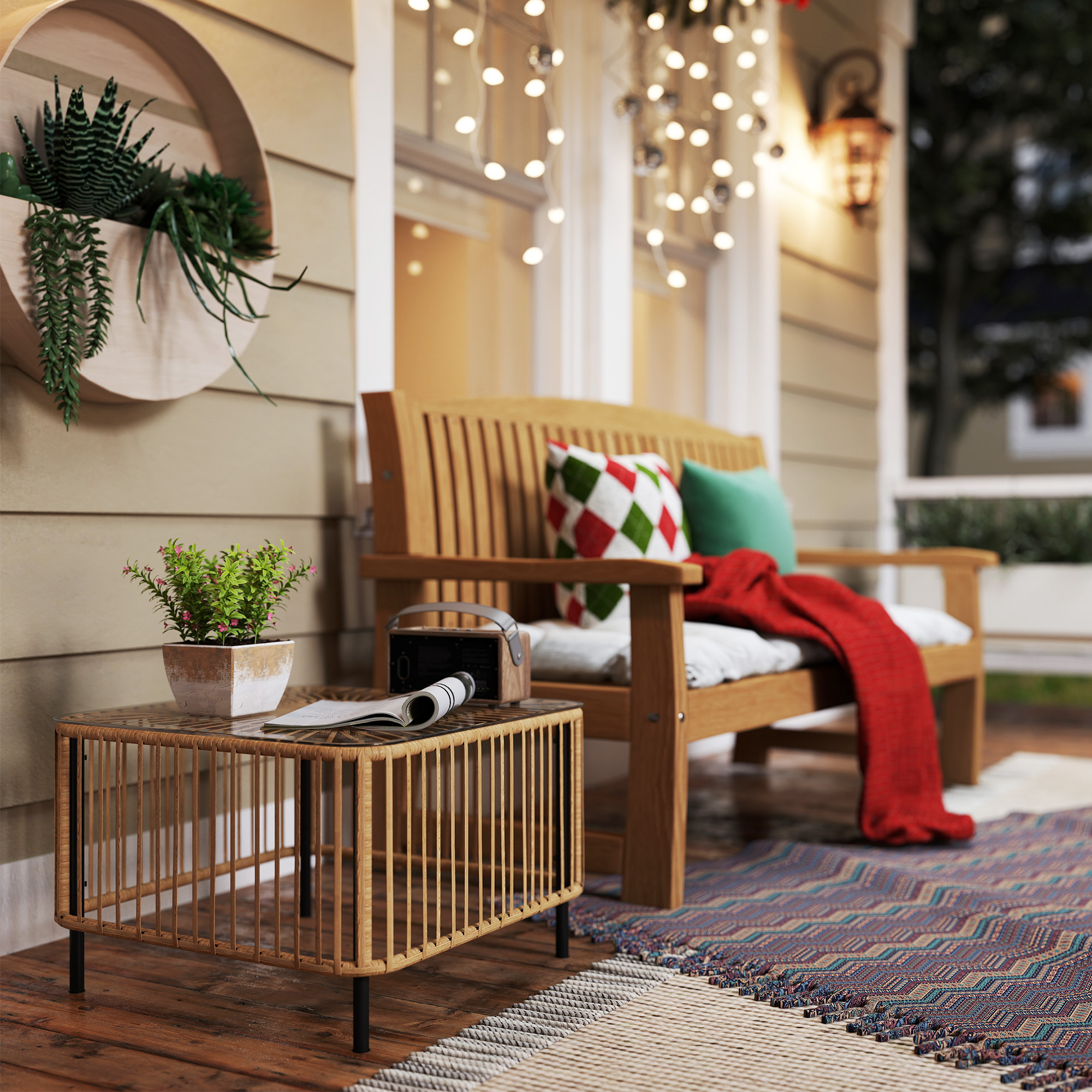 Polyrattan Gartentisch, 65 x 65 x 43 cm, wetterfest Beistelltisch quadrarisch mit Glasplatte Naturholz