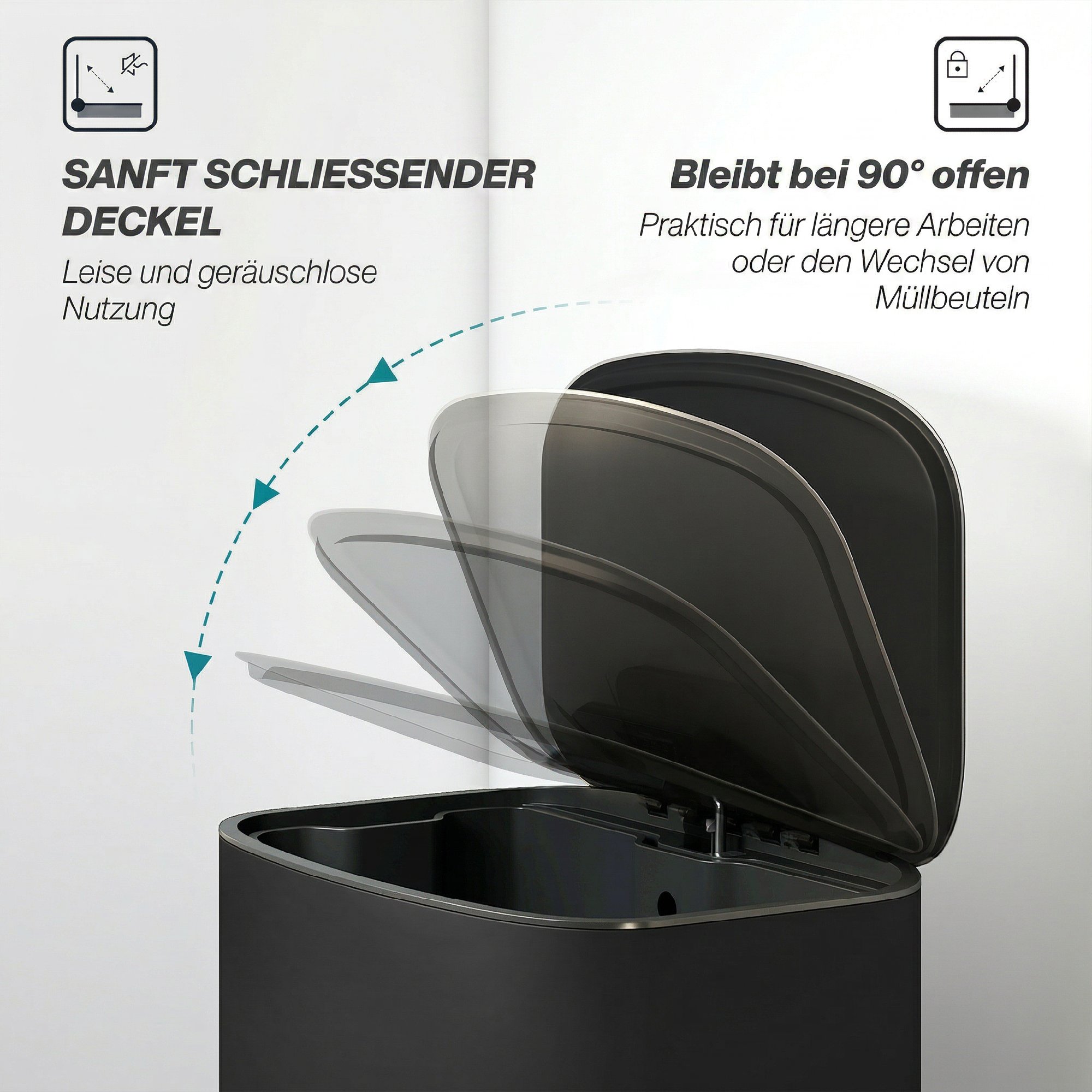Mülleimer Küche 50 Liter Treteimer mit Bleib-Offen-Funktion, Soft-Close-Deckel, Pedal, Schwarz