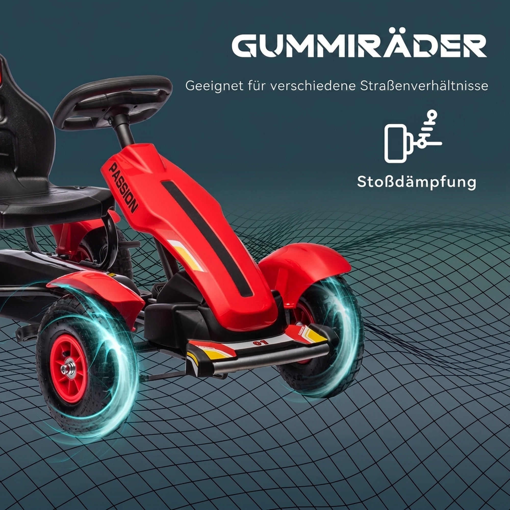 Gokart Tretauto mit Handbremse, verstellbarem Sitz, Vor- und Rückwärtsgang, bis 50kg für Kinder 5-12 Jahren Rot