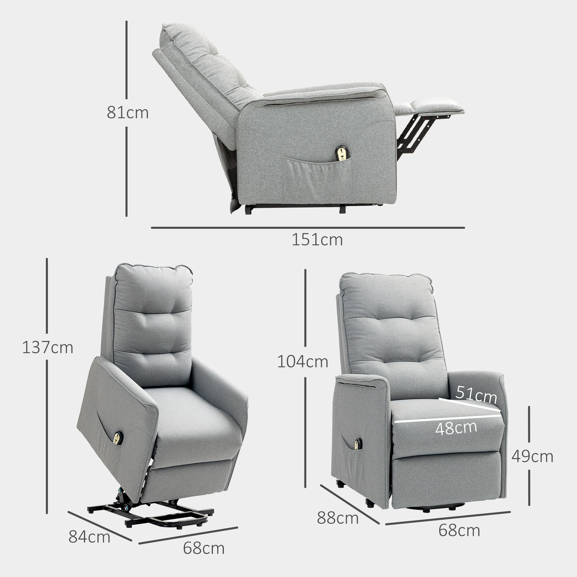 Aufstehsessel, Recliner-Sessel mit Aufstehhilfe, elektrischer Relaxsessel mit Fernbedienung, Seitentasche, Grau