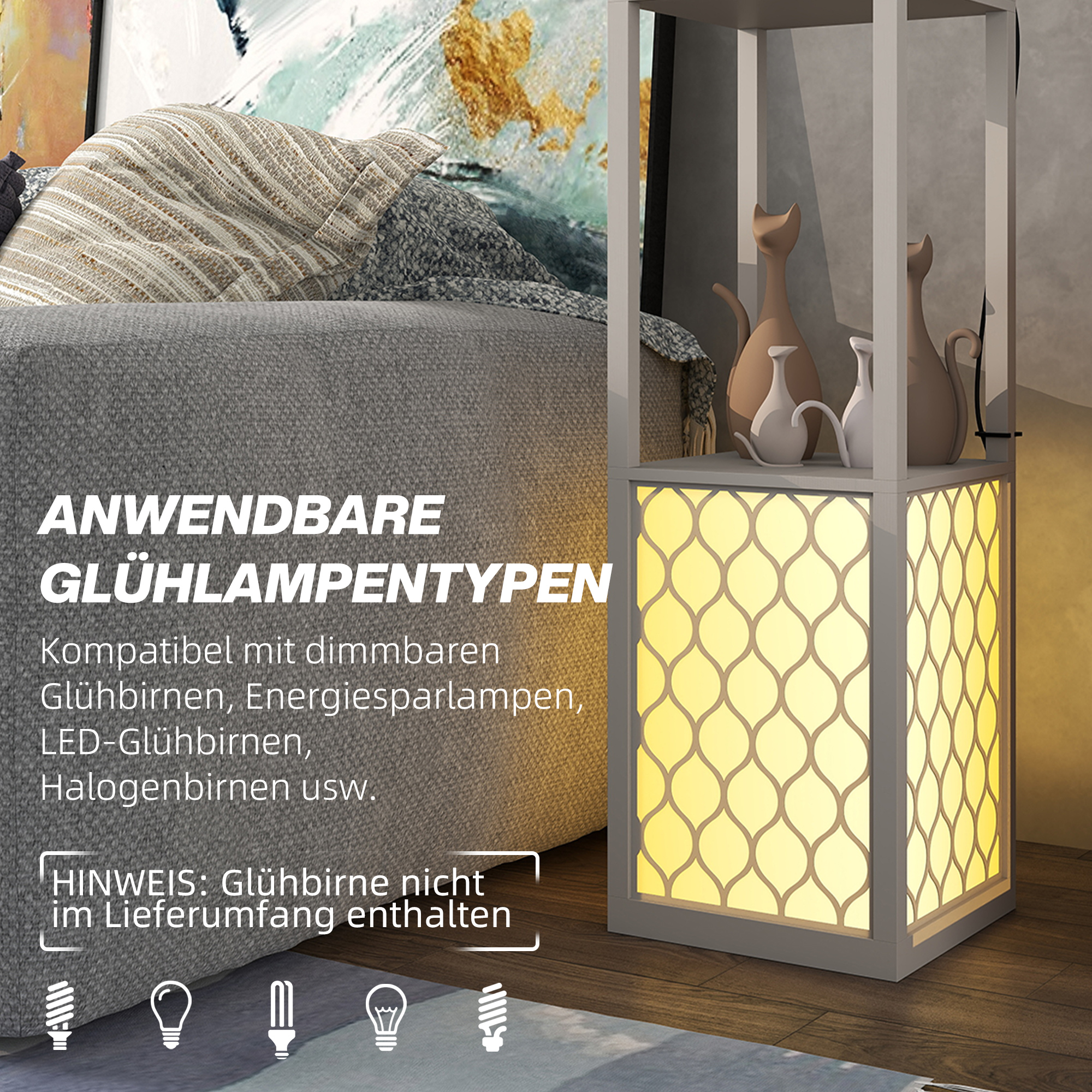 Stehleuchte im modernen Design, 2 Ablagen, Ziehkettenschalter, 26 cm x 26 cm x 156 cm, Schwarz + Weiß