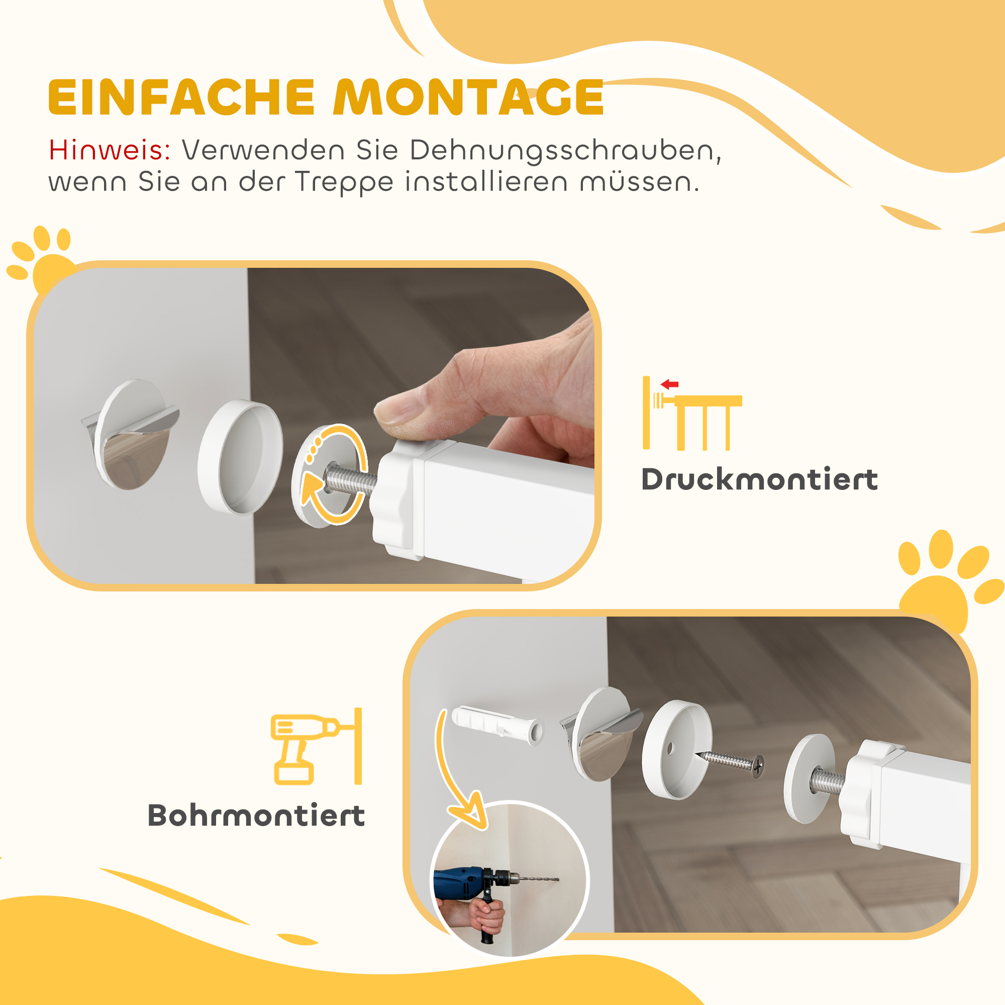 Hundeschutzgitter, Absperrgitter, Zwei-Wege-Öffnung, Wandhalterung mit Druckknöpfen, verstellbar von 75 cm bis 95 cm, Weiß