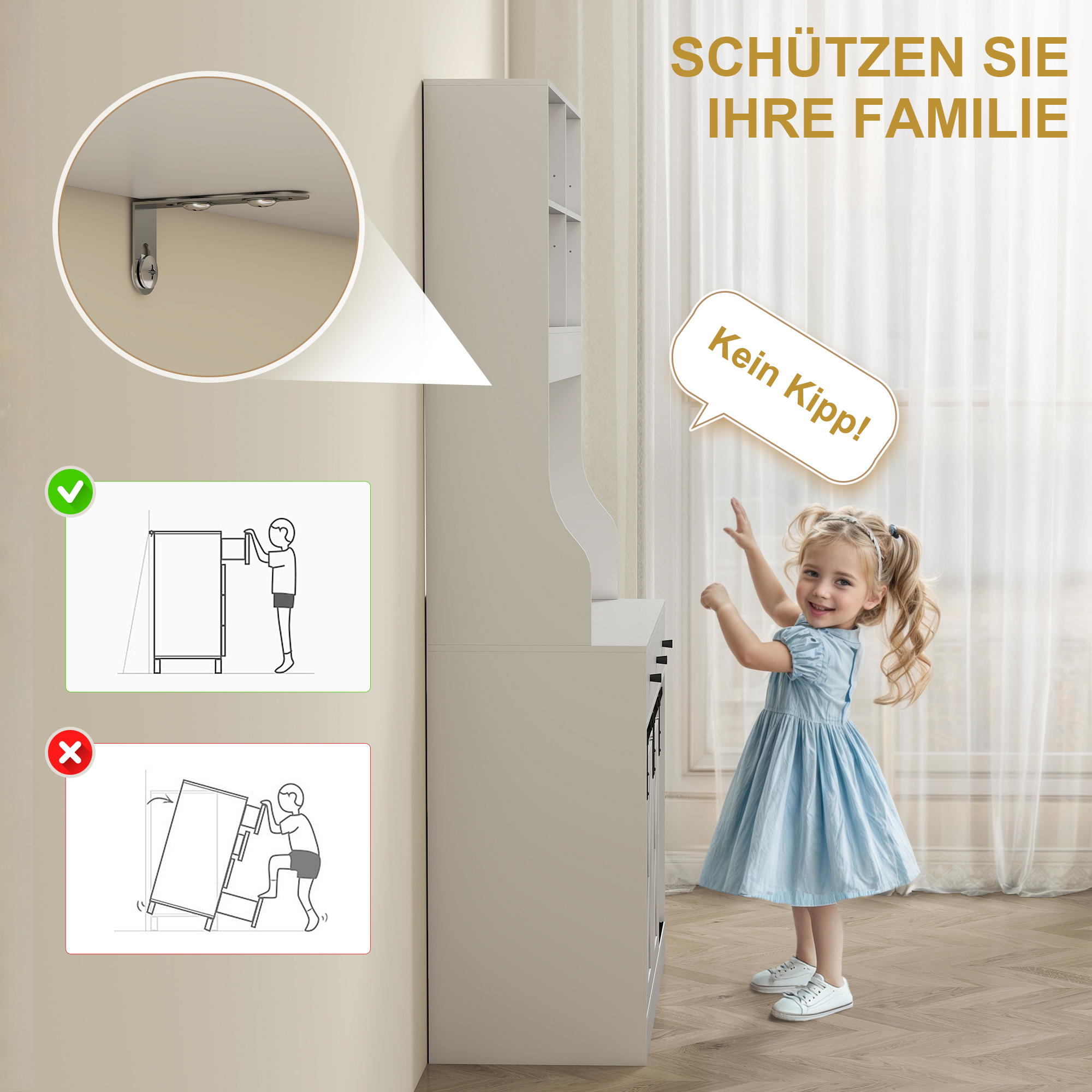 Küchenschrank mit Regalen, Schränken, Schubladen und Ablagefläche, Bauernhaus-Flair, verstellbare Regale, Holz, Weiß