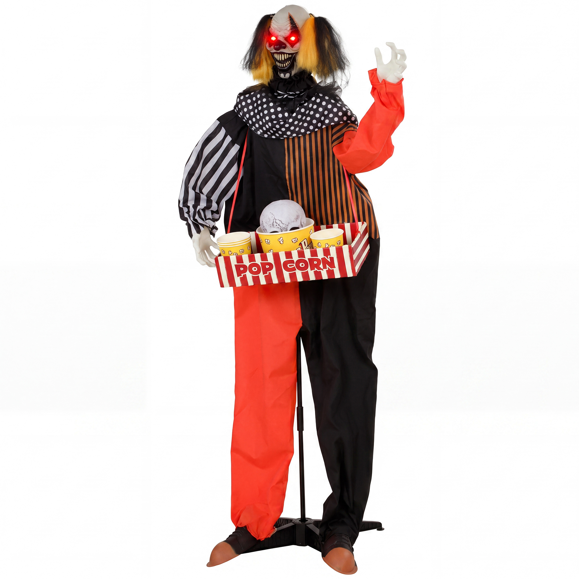 animierter Halloween-Popcorn-Clown mit hochschnellendem Kopf, Grusel-Sound, Jahrmarktmusik und leuchtenden Augen